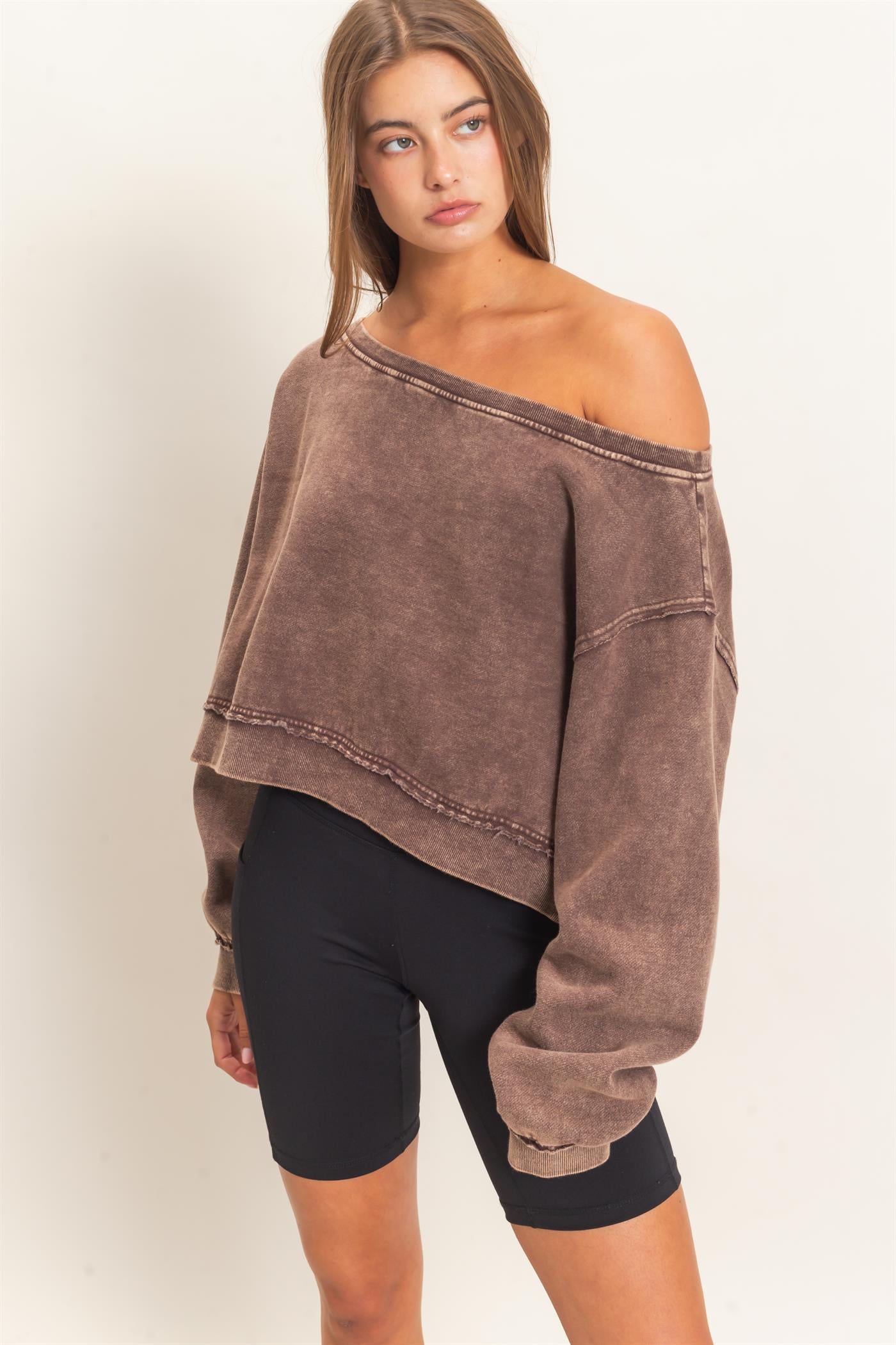 Wholesale Raw Edge Acid Wash Off The Shoulder Sweatshirt Sweatshirts DZ26F013 DARK BROWN DOUBLE ZERO
