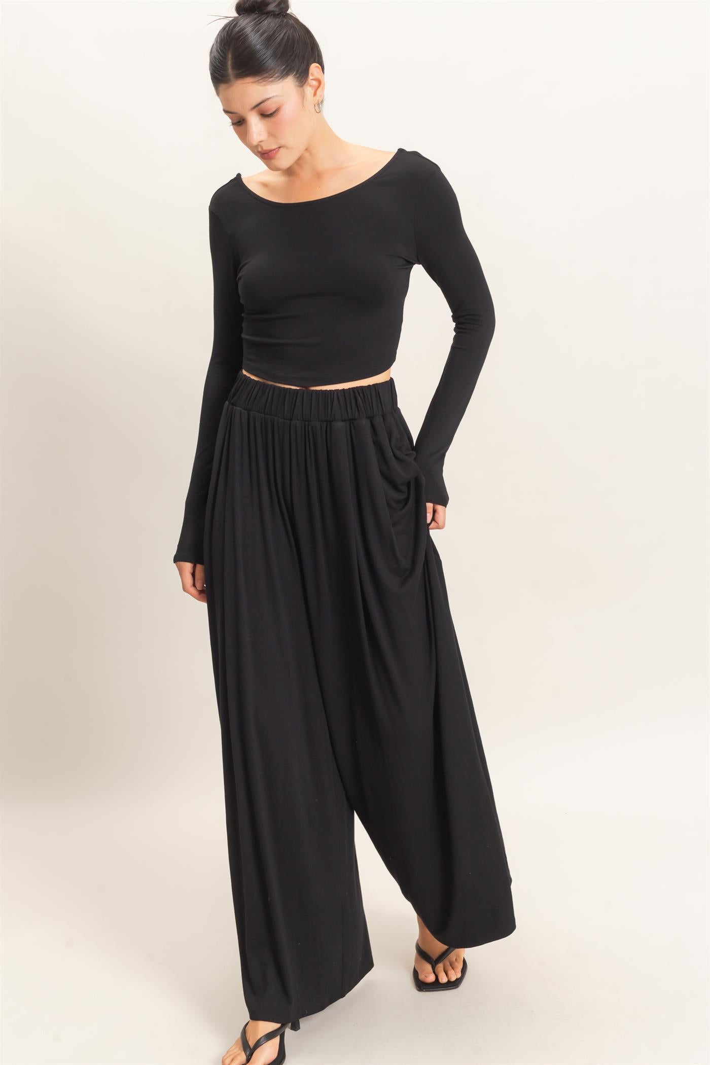 Wholesale Long Sleeve Top & Wide Leg Pants Set Clothing HF26F227-SET-D BLACK HYFVE