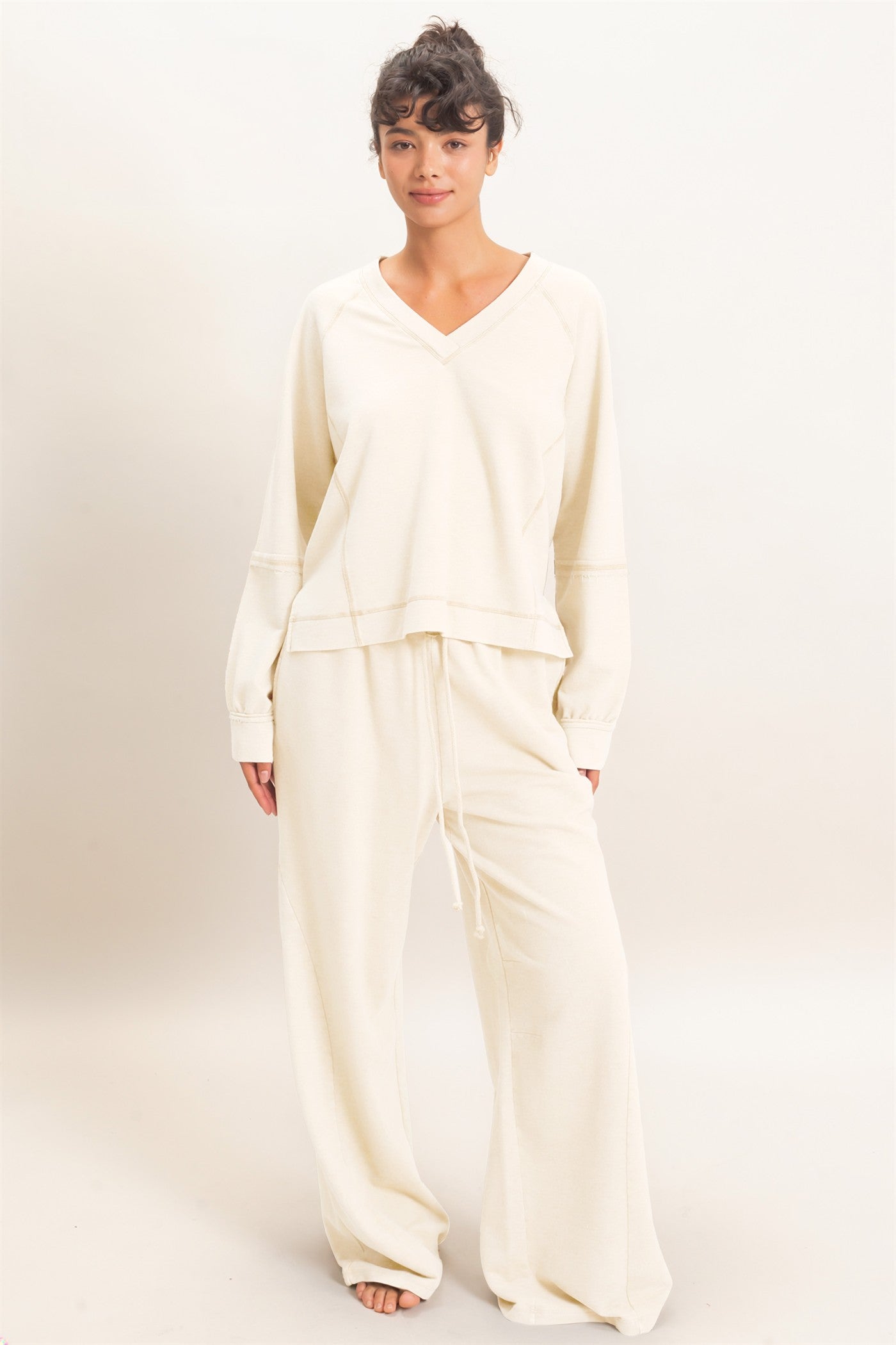 Wholesale Mineral Wash V-Neck Seam Detail Sweatshirt Sweatshirts DZ26F014 ALPACA DOUBLE ZERO