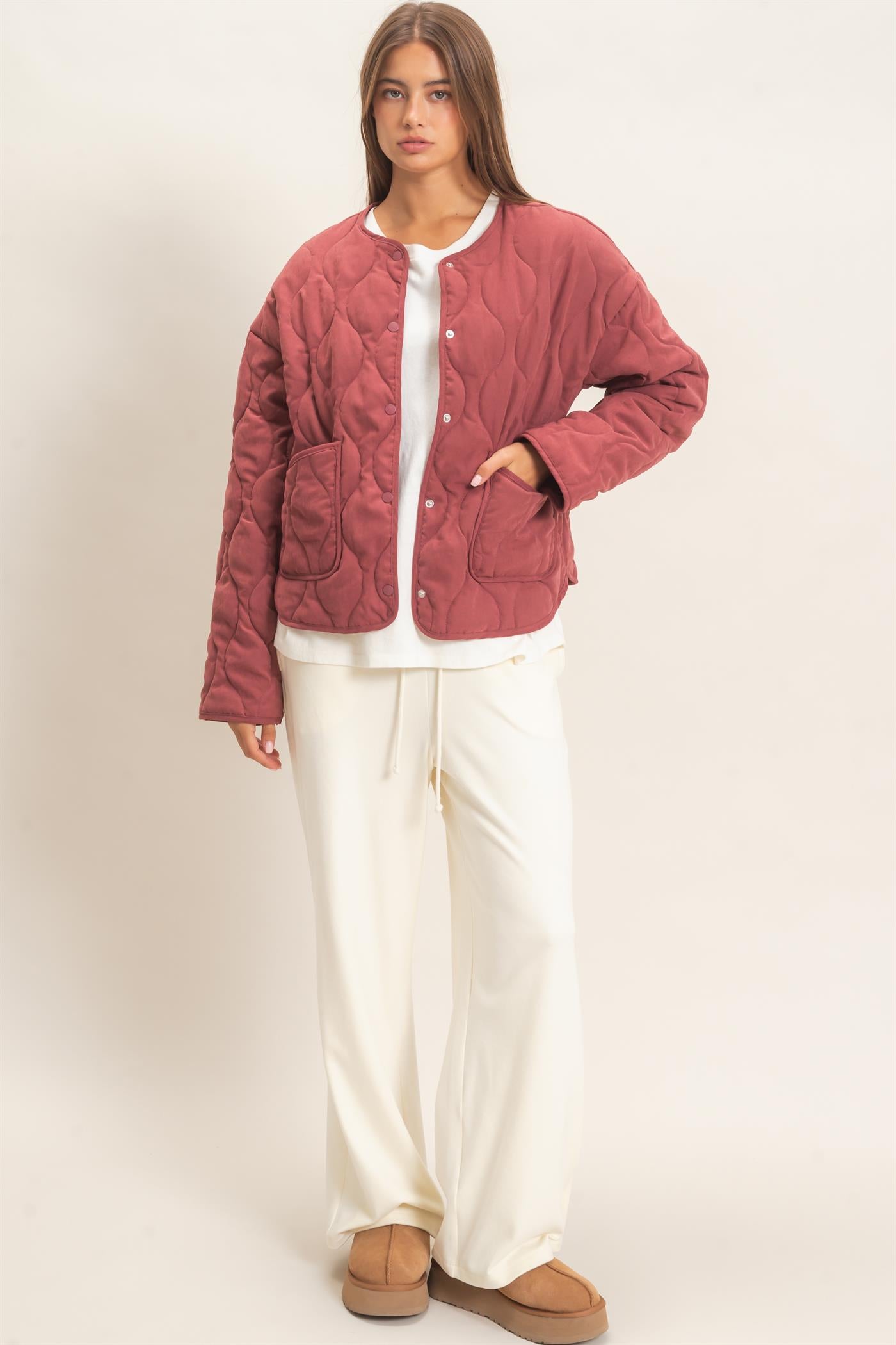 Wholesale Quilted Button Front Jacket Coats & Jackets DZ26F254 BURGUNDY DOUBLE ZERO