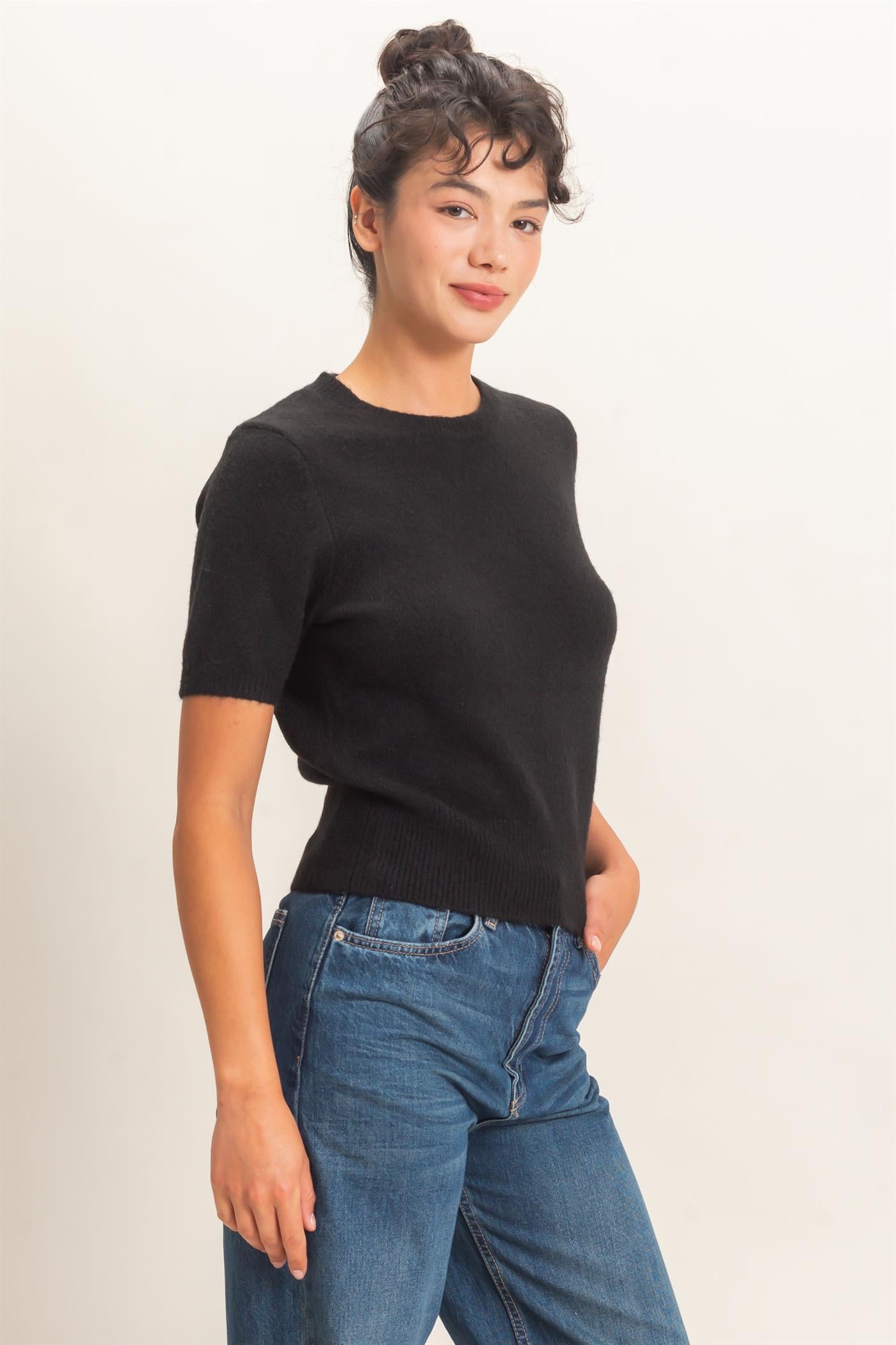 Wholesale Crew Neck Short Sleeve Knit Top Clothing Tops DZ26E944 BLACK DOUBLE ZERO