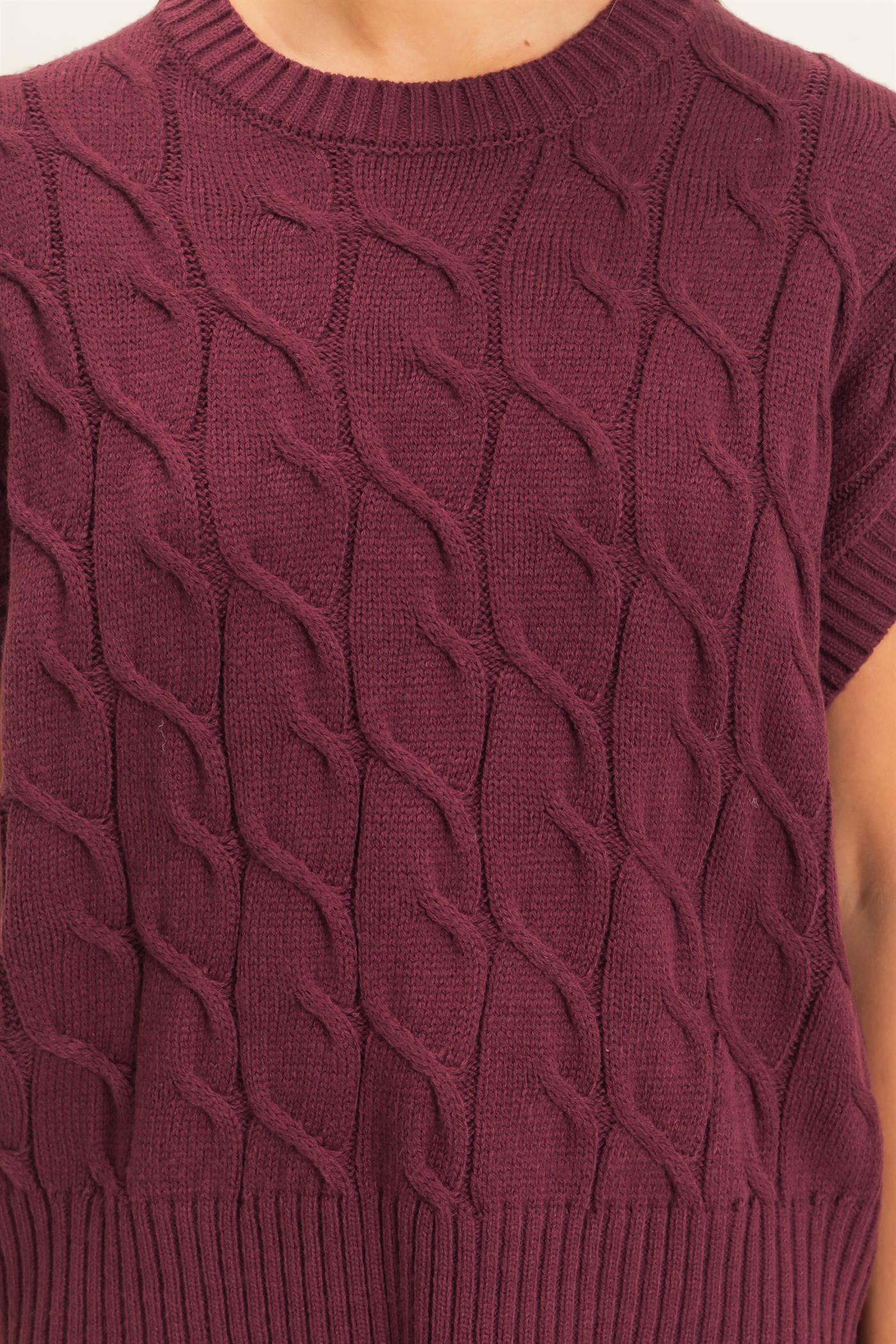Wholesale Cable Knit Cap Sleeve Sweater Sweaters DZ26C974 DARK CHERRY DOUBLE ZERO