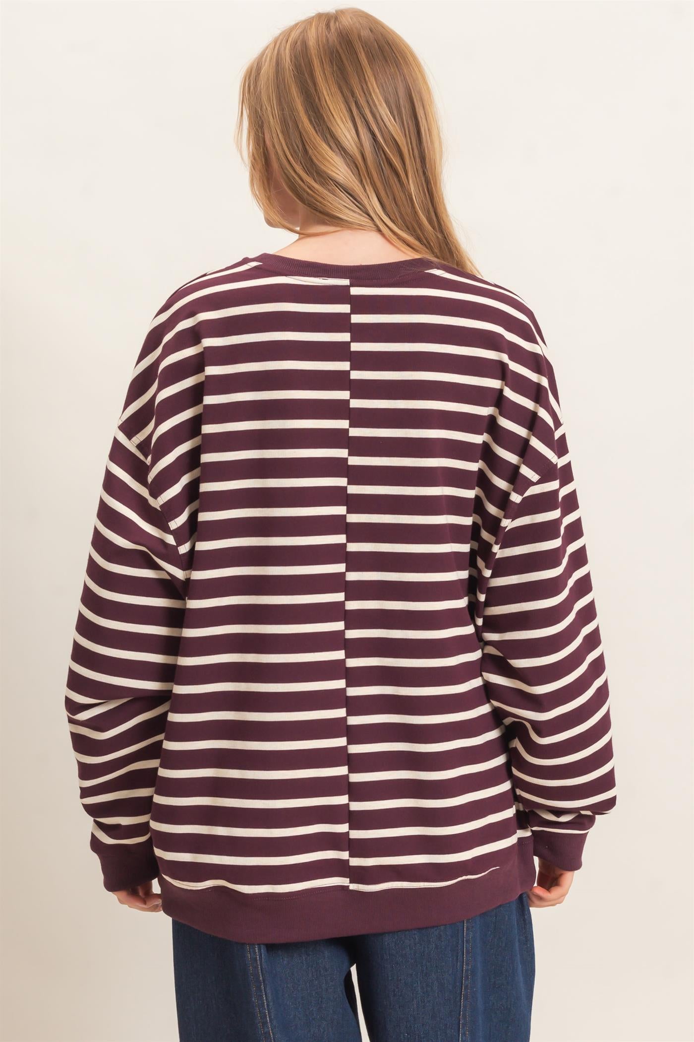 Wholesale Striped Long Sleeve Pullover Sweatshirts HF26F077 RASPBERRY/ECRU HYFVE