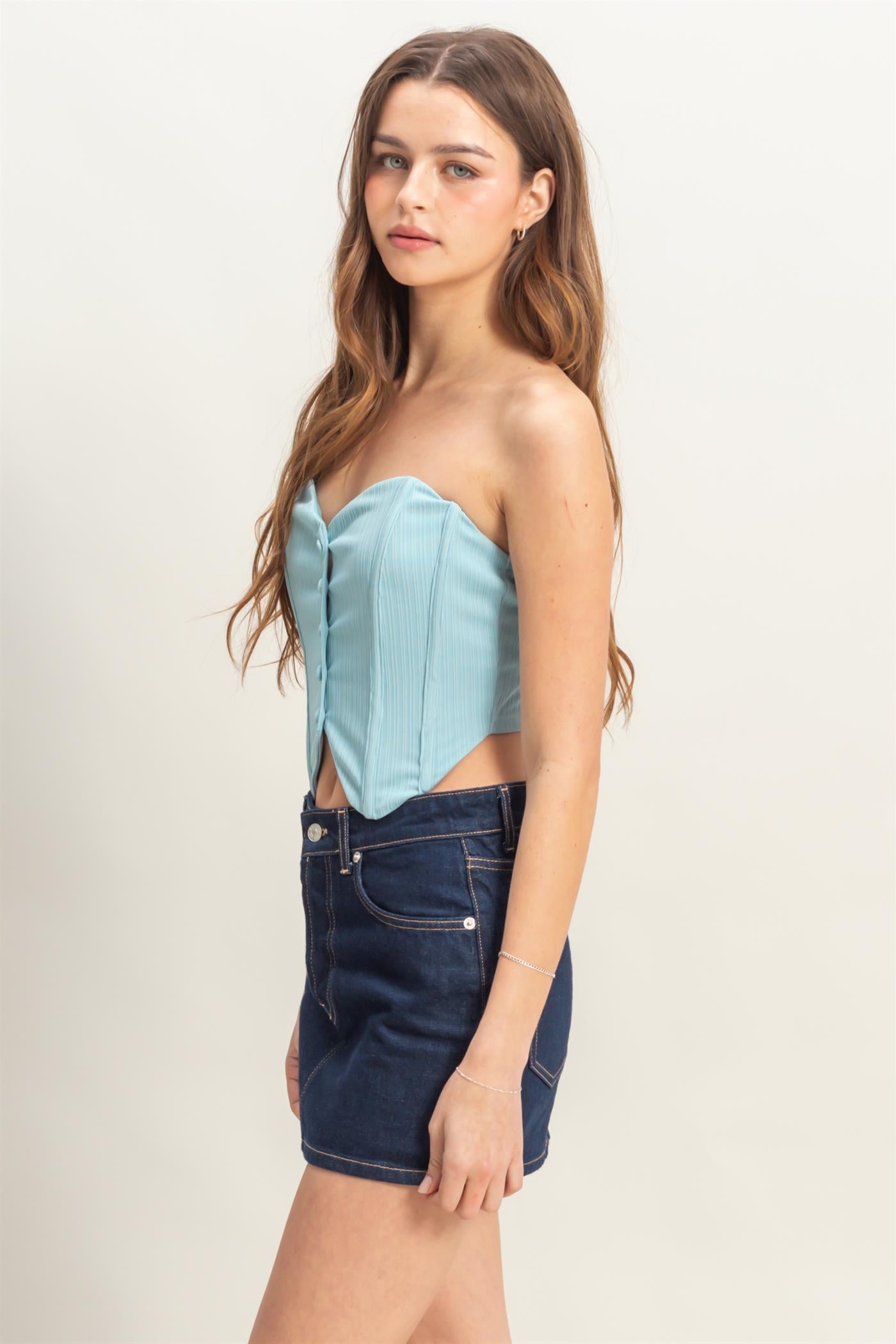 Wholesale Buttoned Front Strapless Knit Bustier Top Clothing Tops HF25A209 AQUA HYFVE