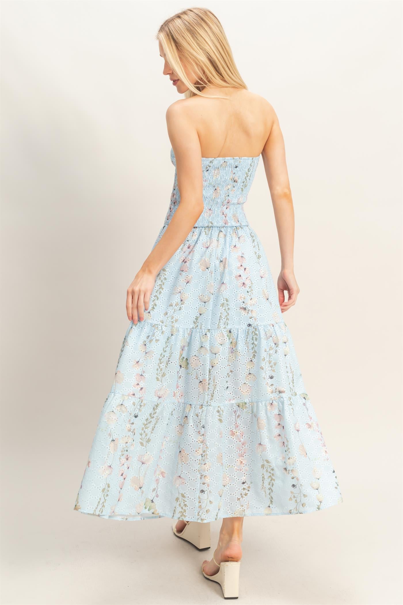 Wholesale Strapless Smocked Floral Dress Dresses HF25E642-D BLUE HYFVE