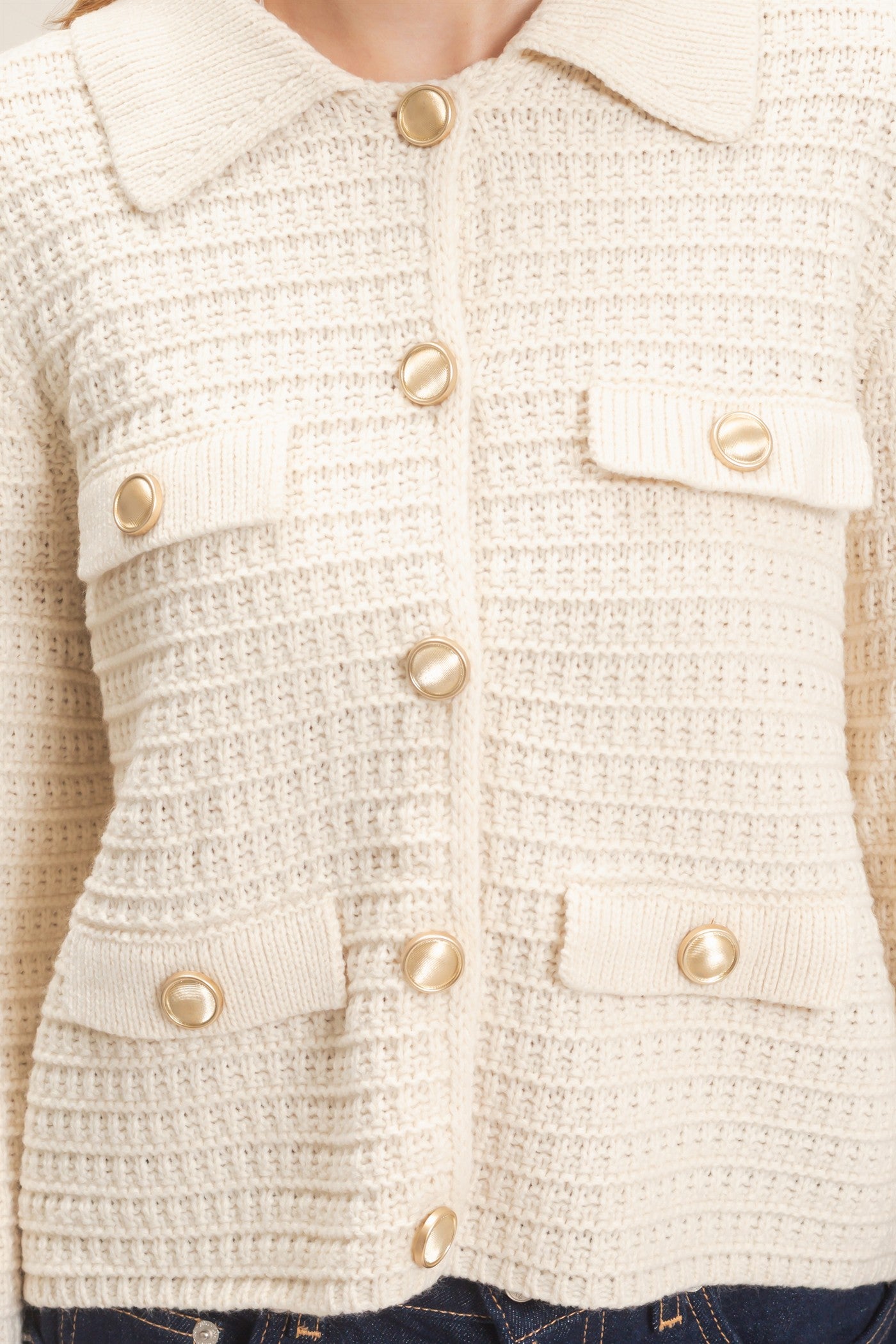 Wholesale Textured Collared Sweater Jacket Cardigans HF26F190 CREAM HYFVE