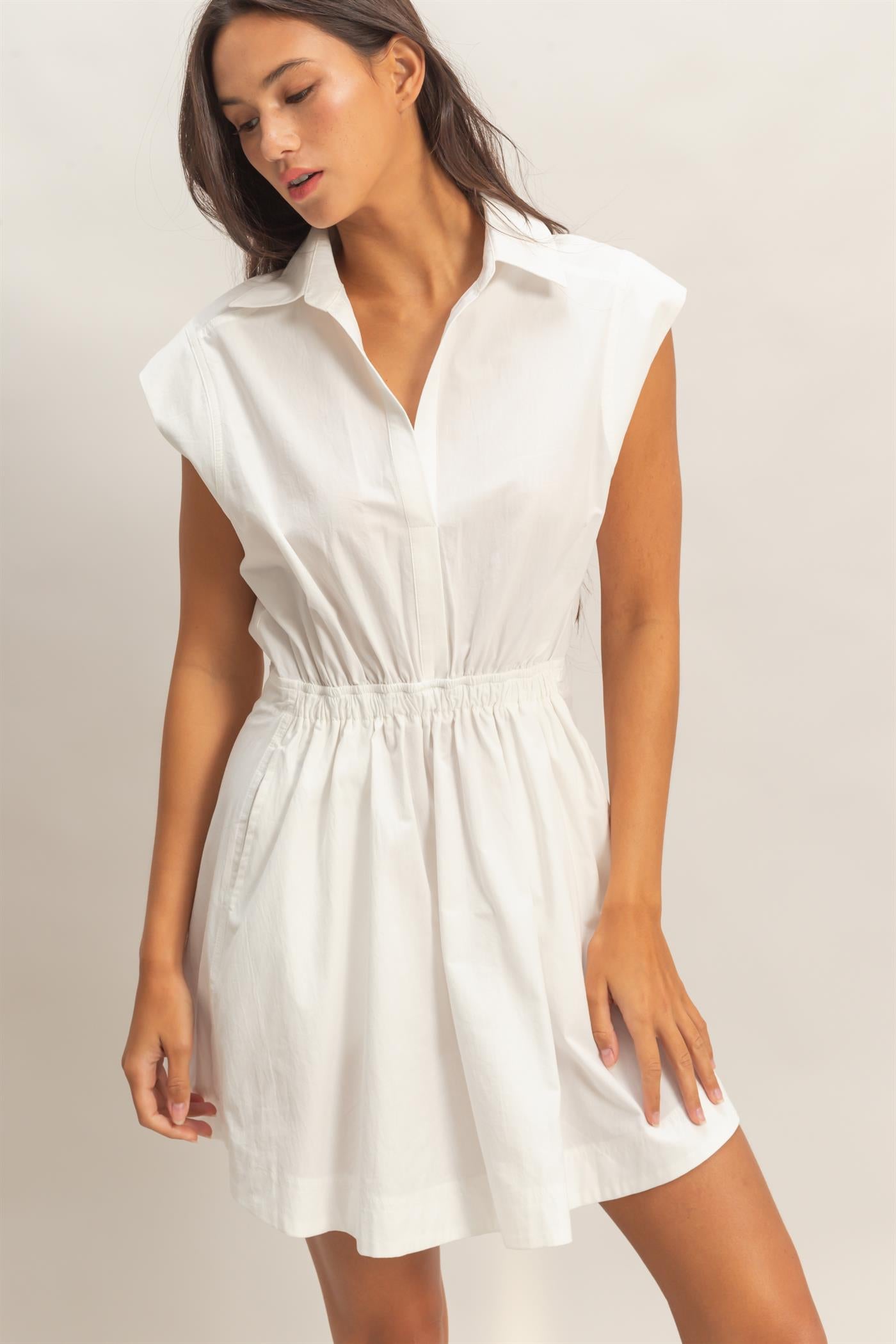 Wholesale Sleeveless Collared Shirred Mini Dress Dresses DZ26A751 WHITE DOUBLE ZERO