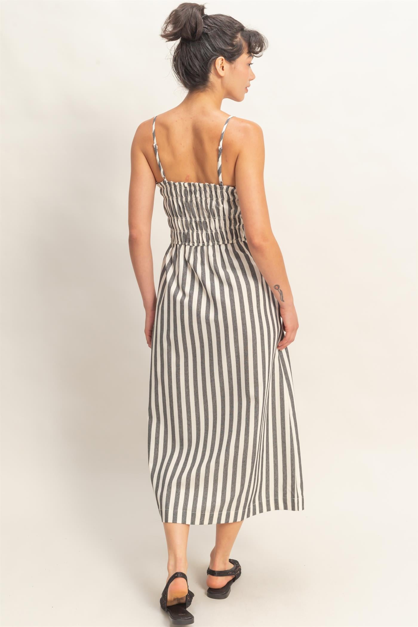 Wholesale Striped Spaghetti Strap Smocking Midi Dress Dresses DZ26C191 BLACK DOUBLE ZERO