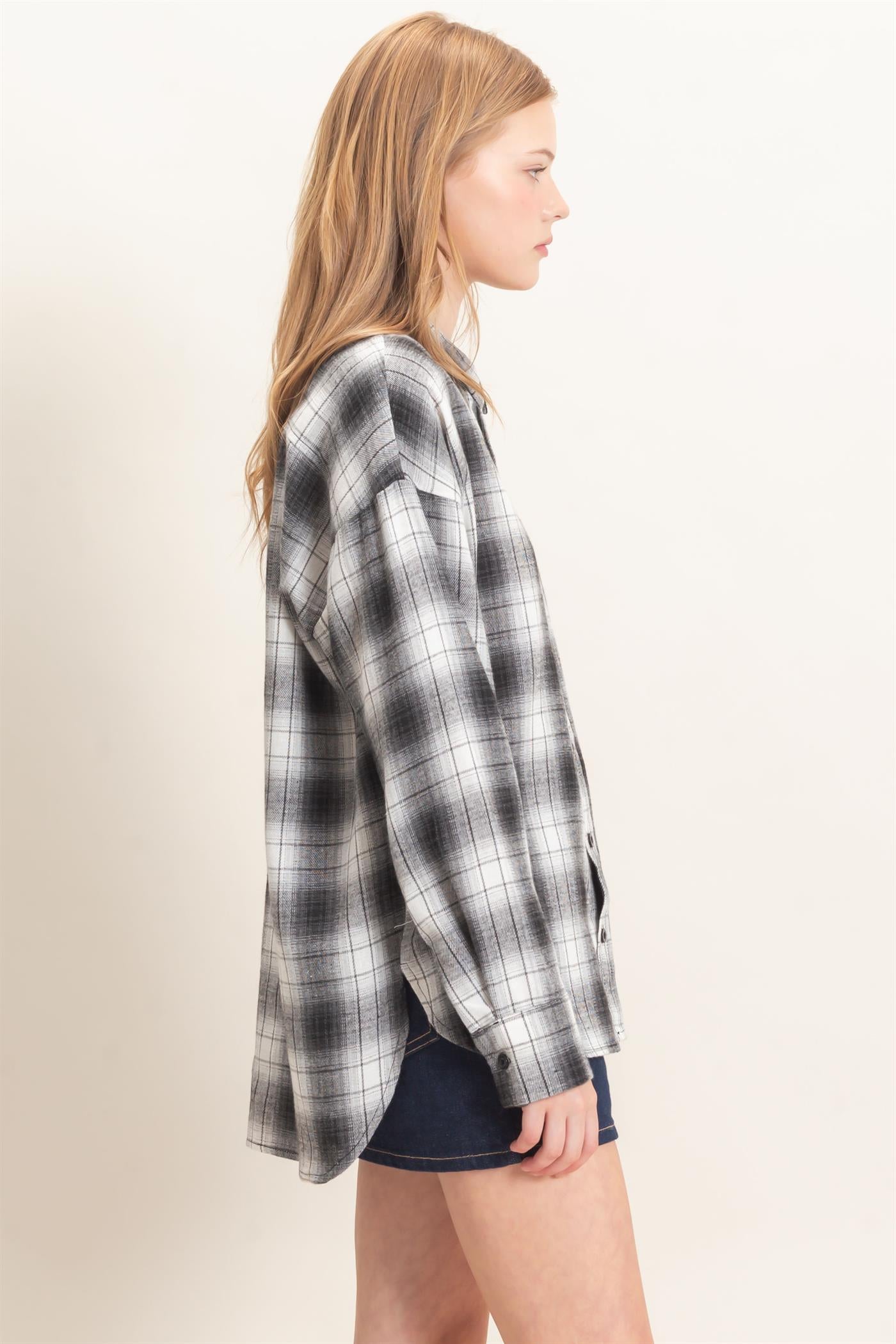 Wholesale Plaid Button-Up Shirt Clothing Tops HF26F017 BLACK HYFVE