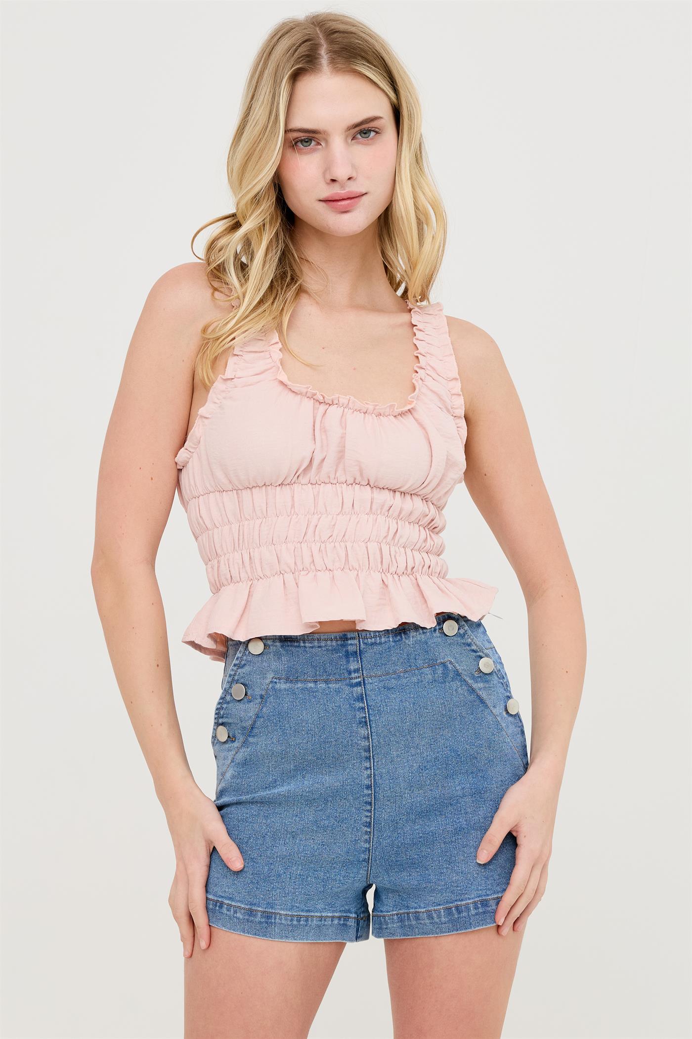 Wholesale Ruched Square Neck Smocked Top Clothing Tops HF26E388-D BLUSH HYFVE