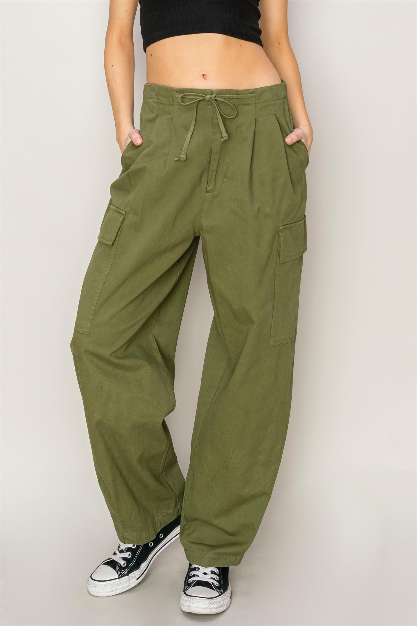 Wholesale High Waist Drawstring Cargo Pants Pants DZ24A650 MOSS DOUBLE ZERO
