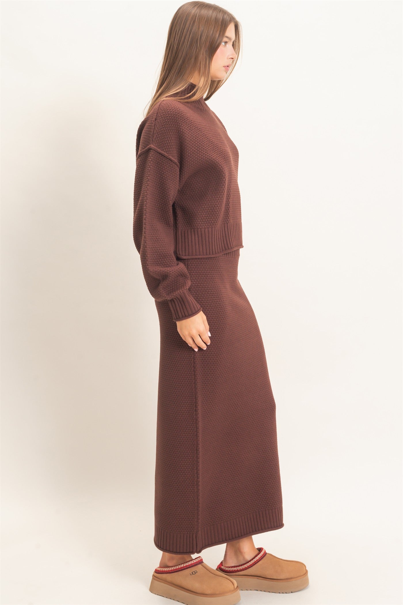 Wholesale High Neck Long Sleeve Top & Maxi Skirt Set Clothing DZ26E272-SET DARK BROWN DOUBLE ZERO