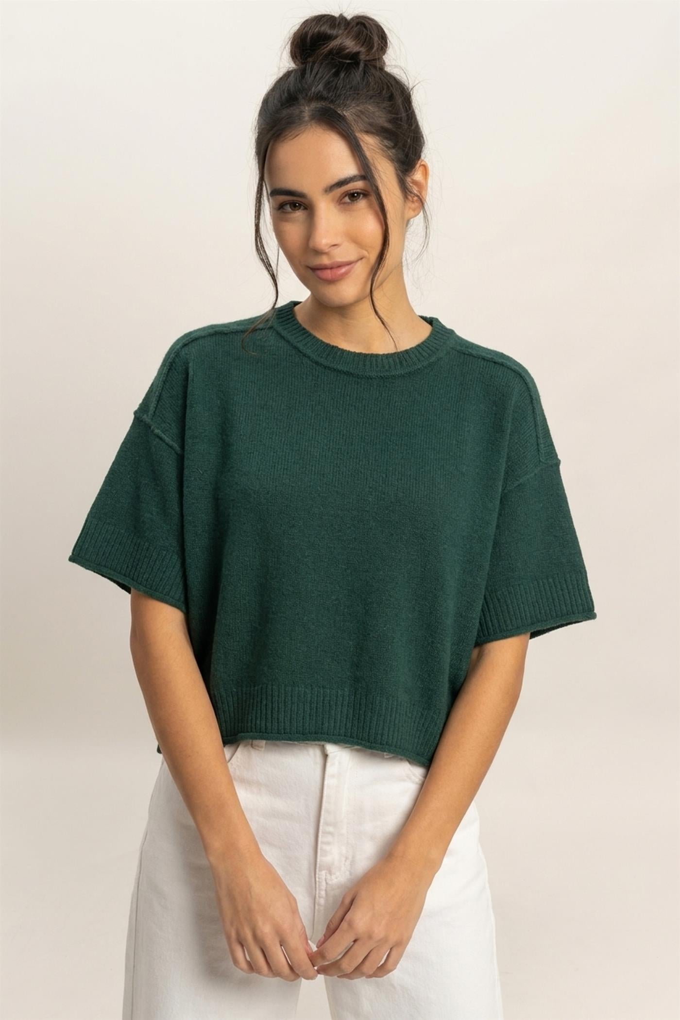 Wholesale Seam Detail Short Sleeve Knit Top Clothing Tops DZ26A827 DARK GREEN DOUBLE ZERO