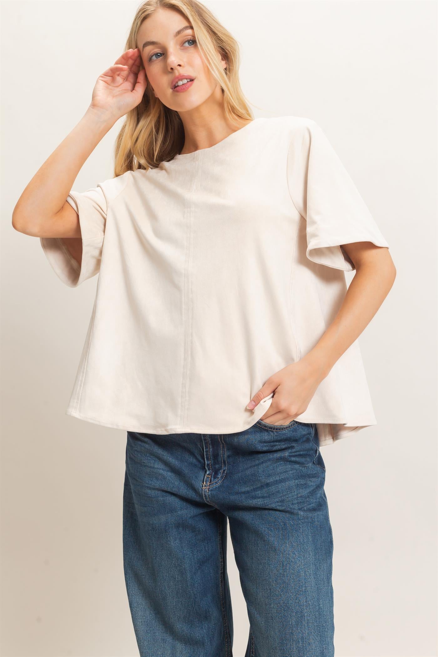 Wholesale Suede Boat Neck Top Clothing Tops HF26E351 CREAM HYFVE