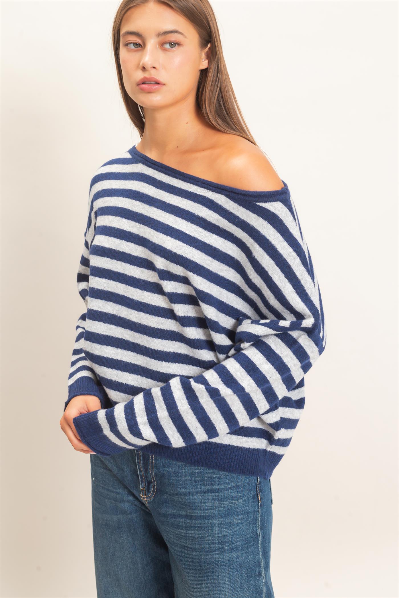 Wholesale Off The Shoulder Striped Sweater Sweaters DZ26E653 NAVY DOUBLE ZERO