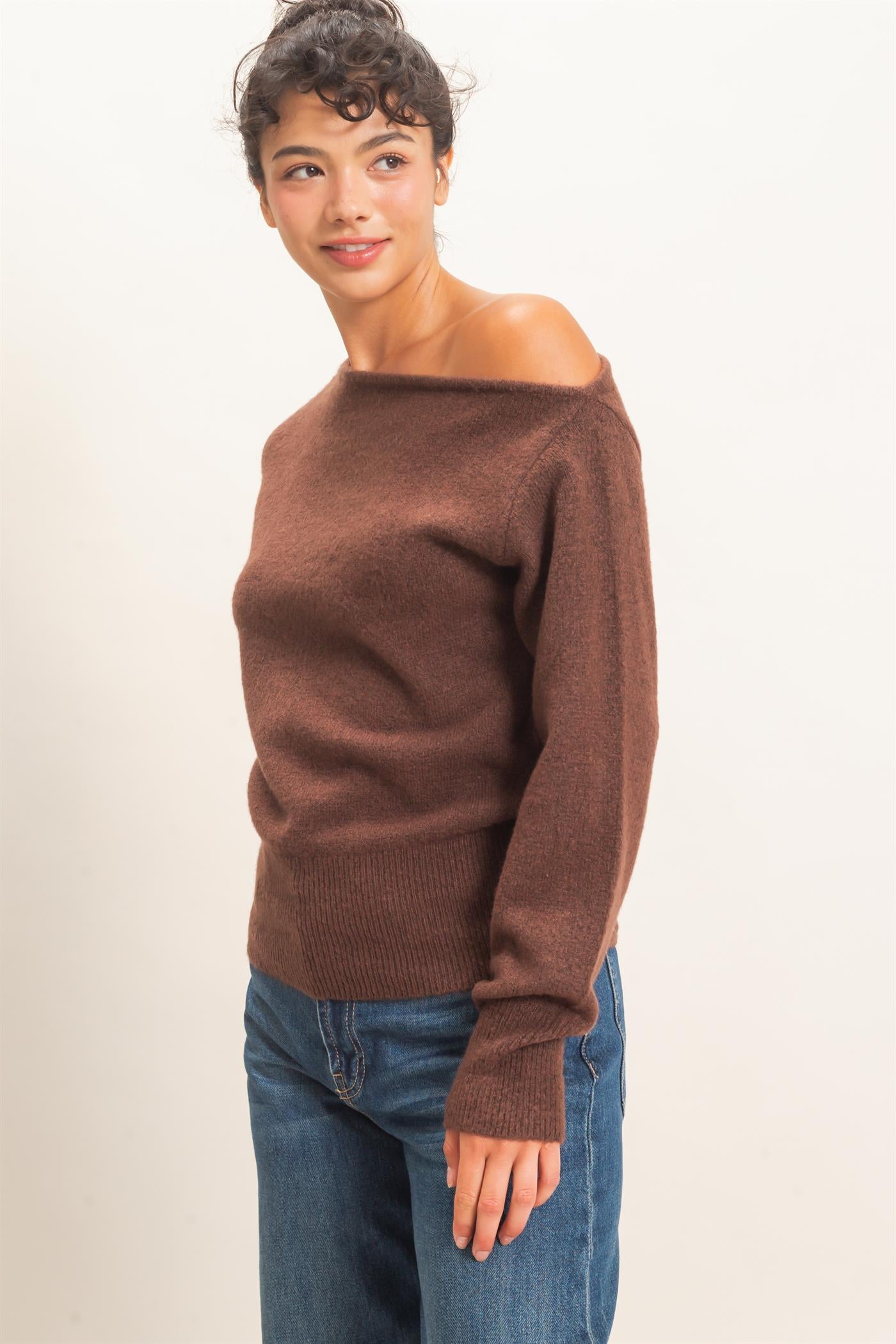 Wholesale Off The Shoulder Sweater Top Sweaters DZ26F290 DARK BROWN DOUBLE ZERO