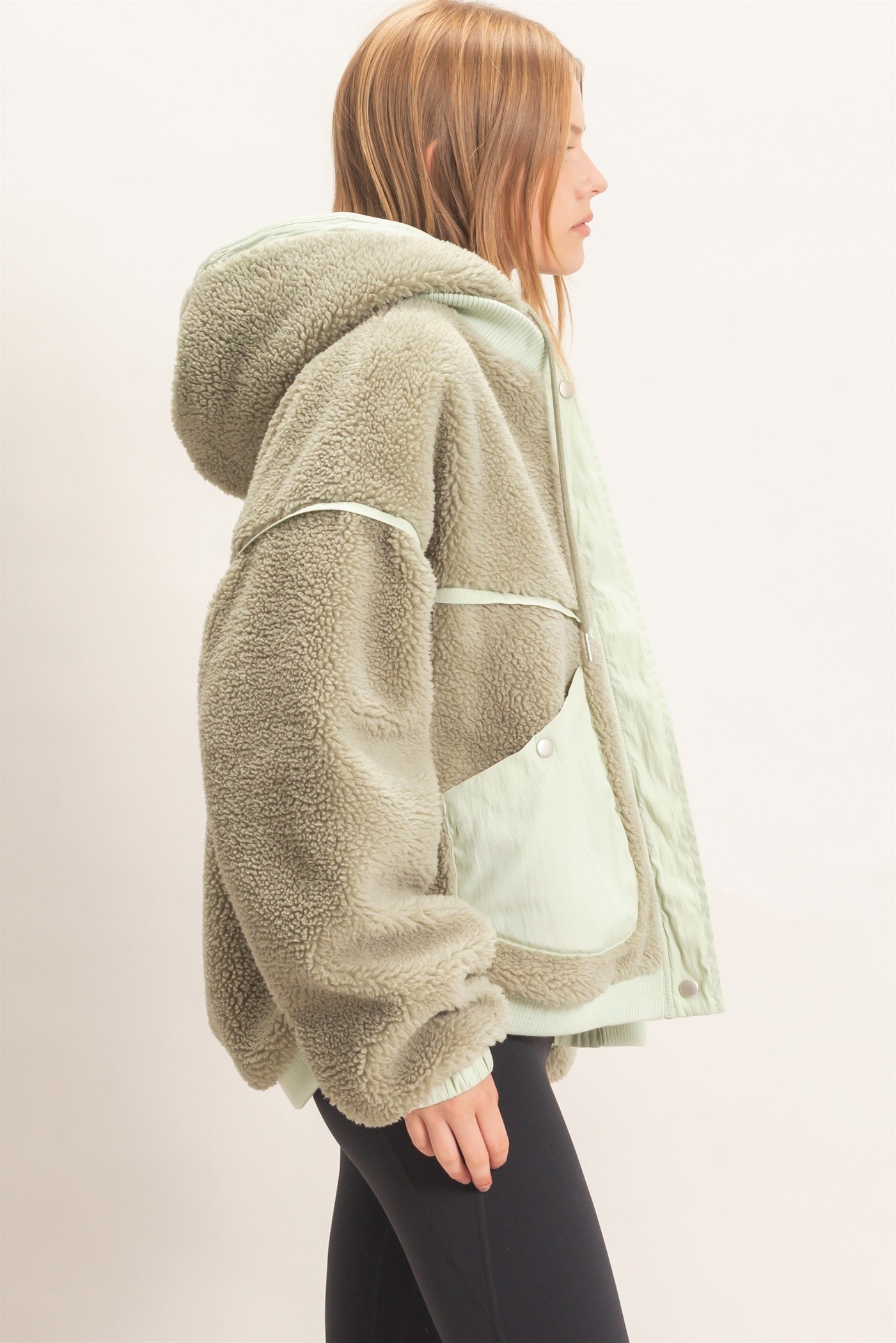 Wholesale Contrast Panel Sherpa Hooded Jacket Hoodies HF26E989 SAGE GREEN HYFVE