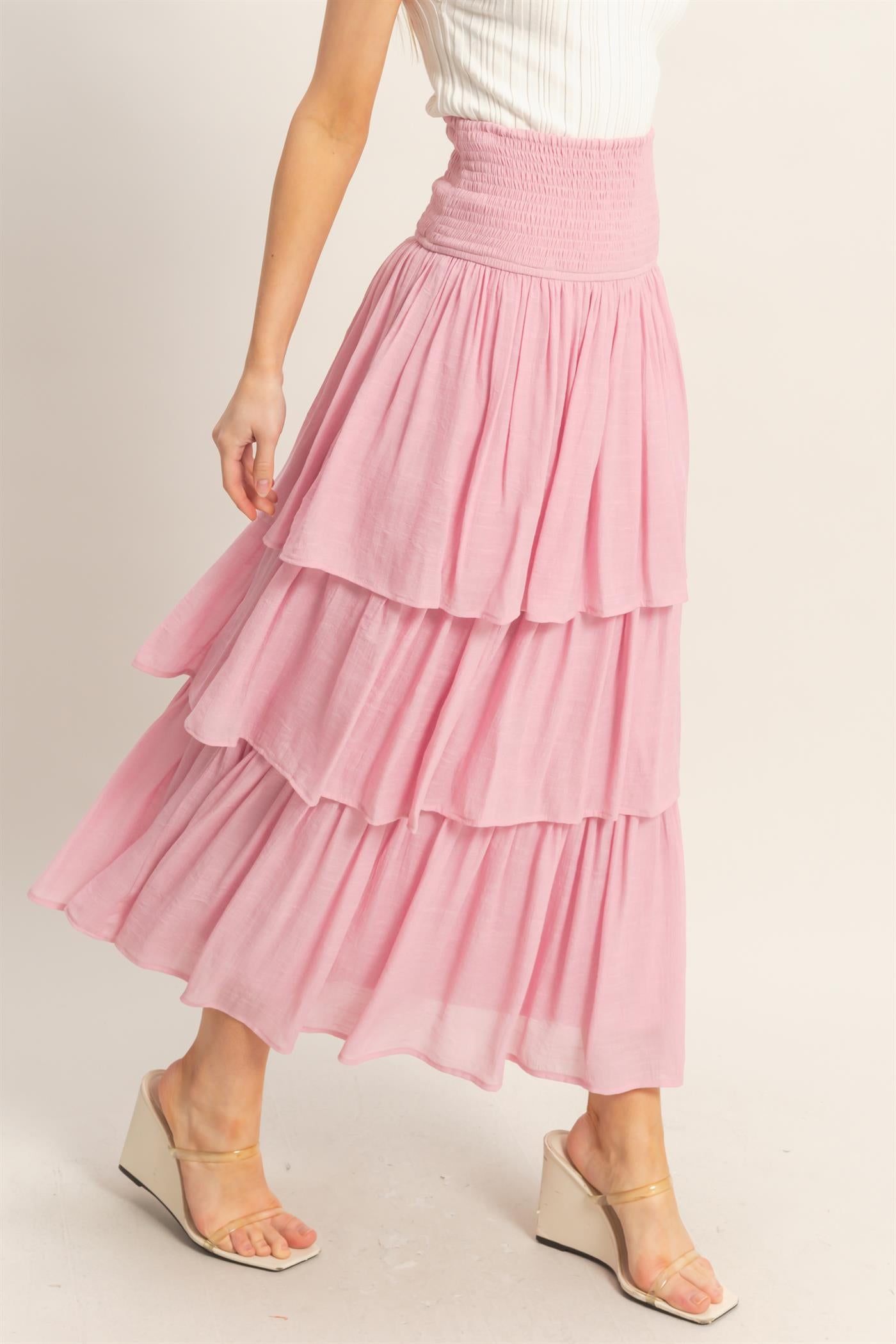 Wholesale Tiered Smocked Waist Skirt Skirts HF26C188-D PINK HYFVE