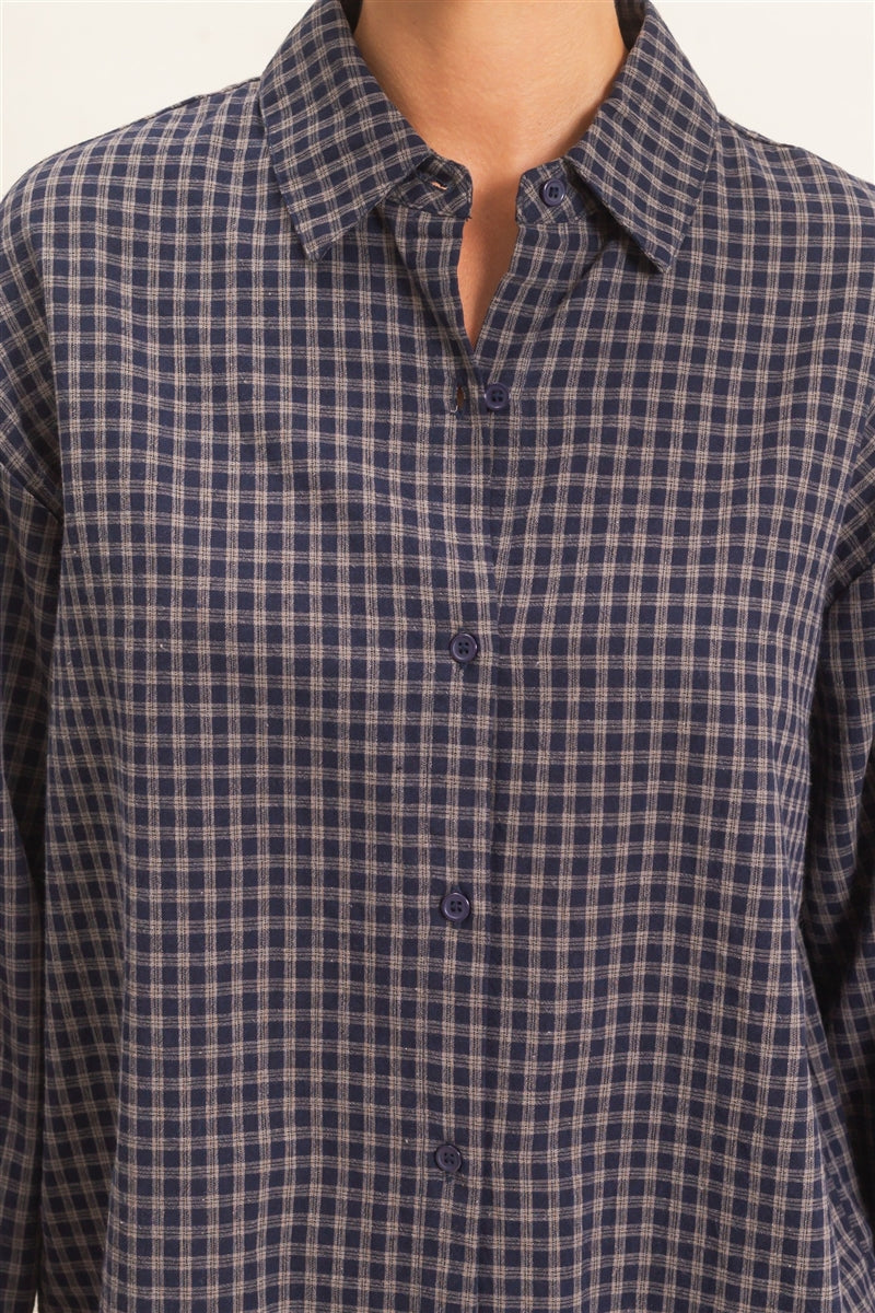 Wholesale Plaid Button-Up Shirt Shirts DZ26F012 NAVY DOUBLE ZERO