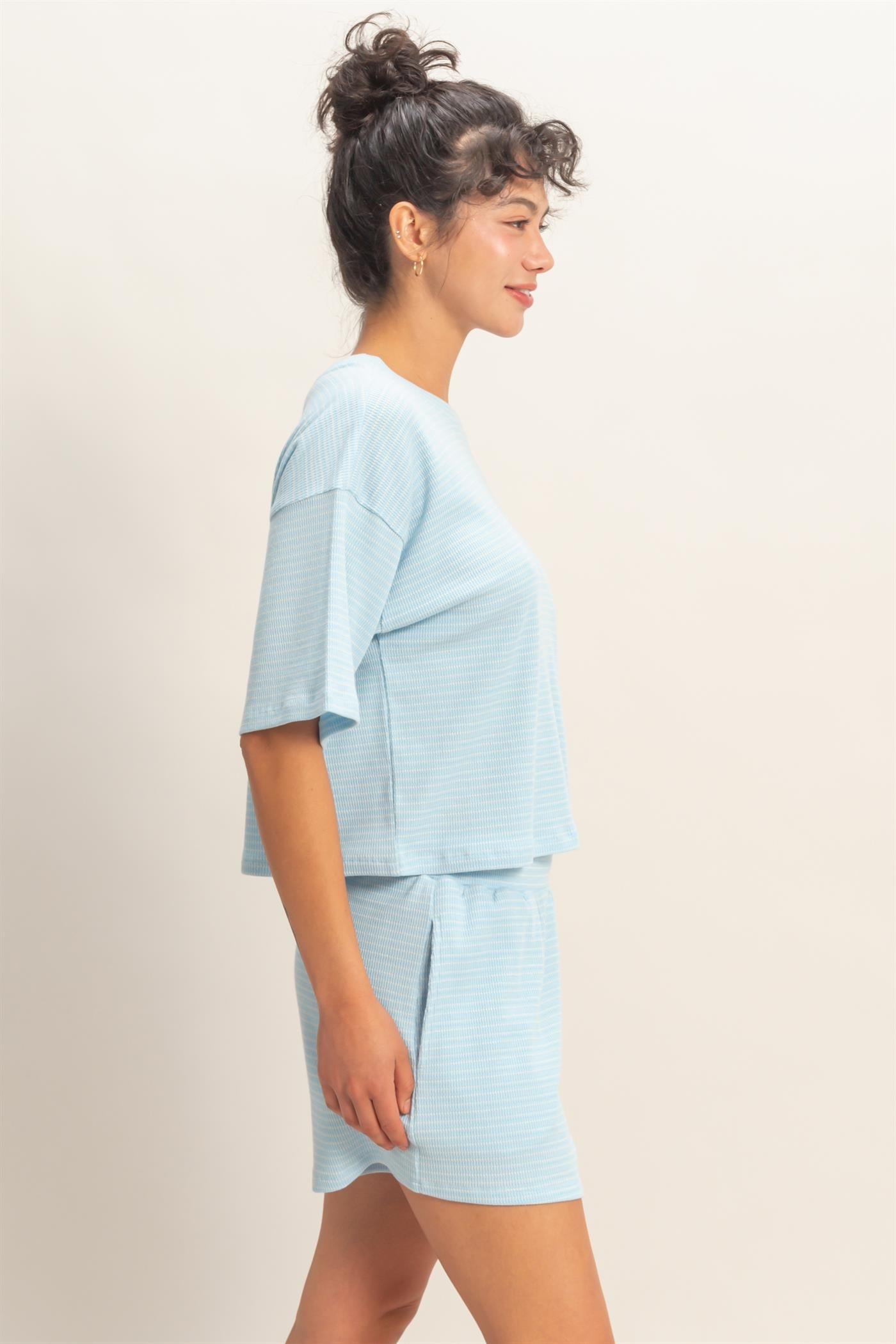 Wholesale Striped Round Neck Top & Shorts Set Clothing DZ26A045-SET BABY BLUE DOUBLE ZERO