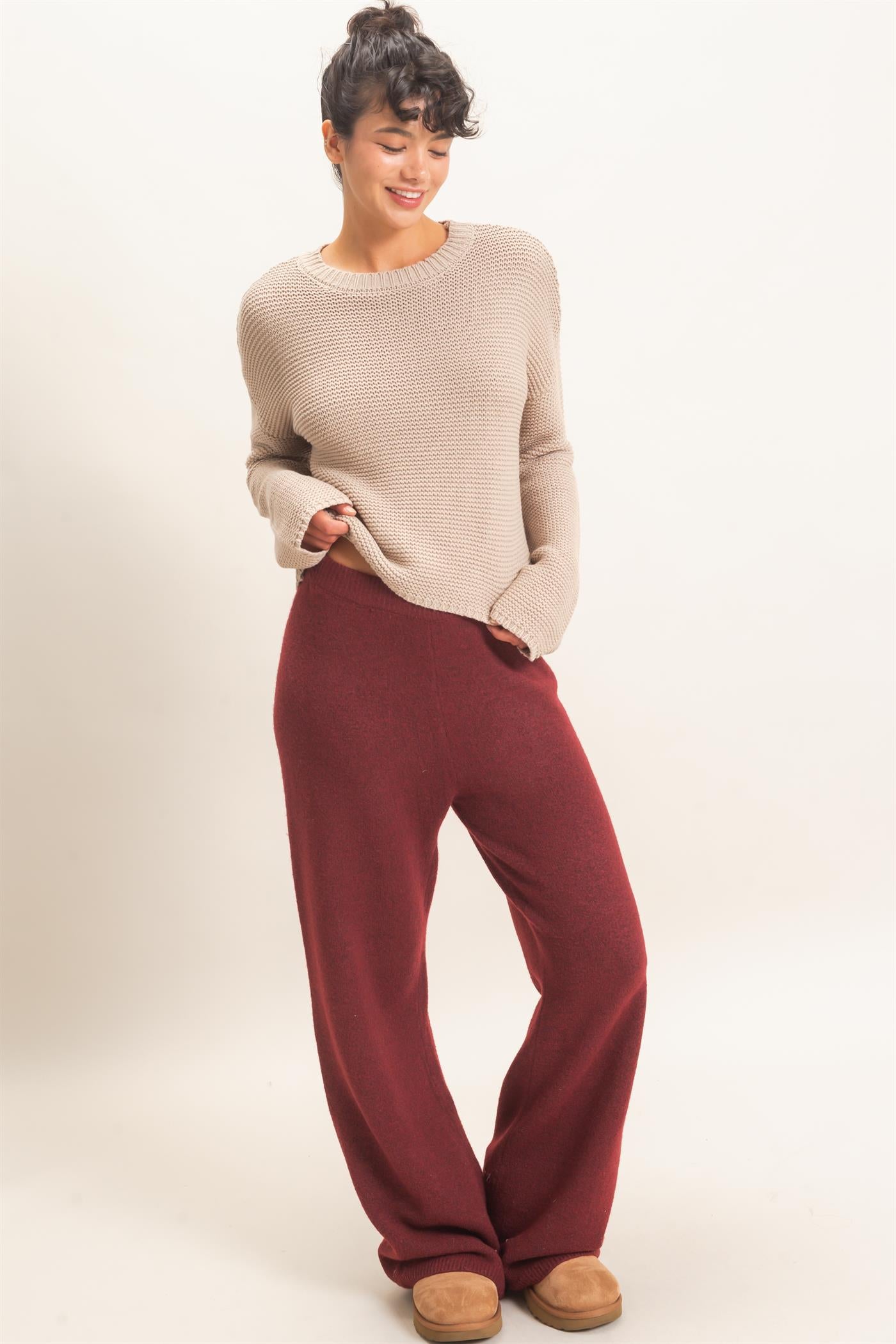 Wholesale Textured Knit Crew Neck Sweater Sweaters DZ26F395 TAUPE DOUBLE ZERO