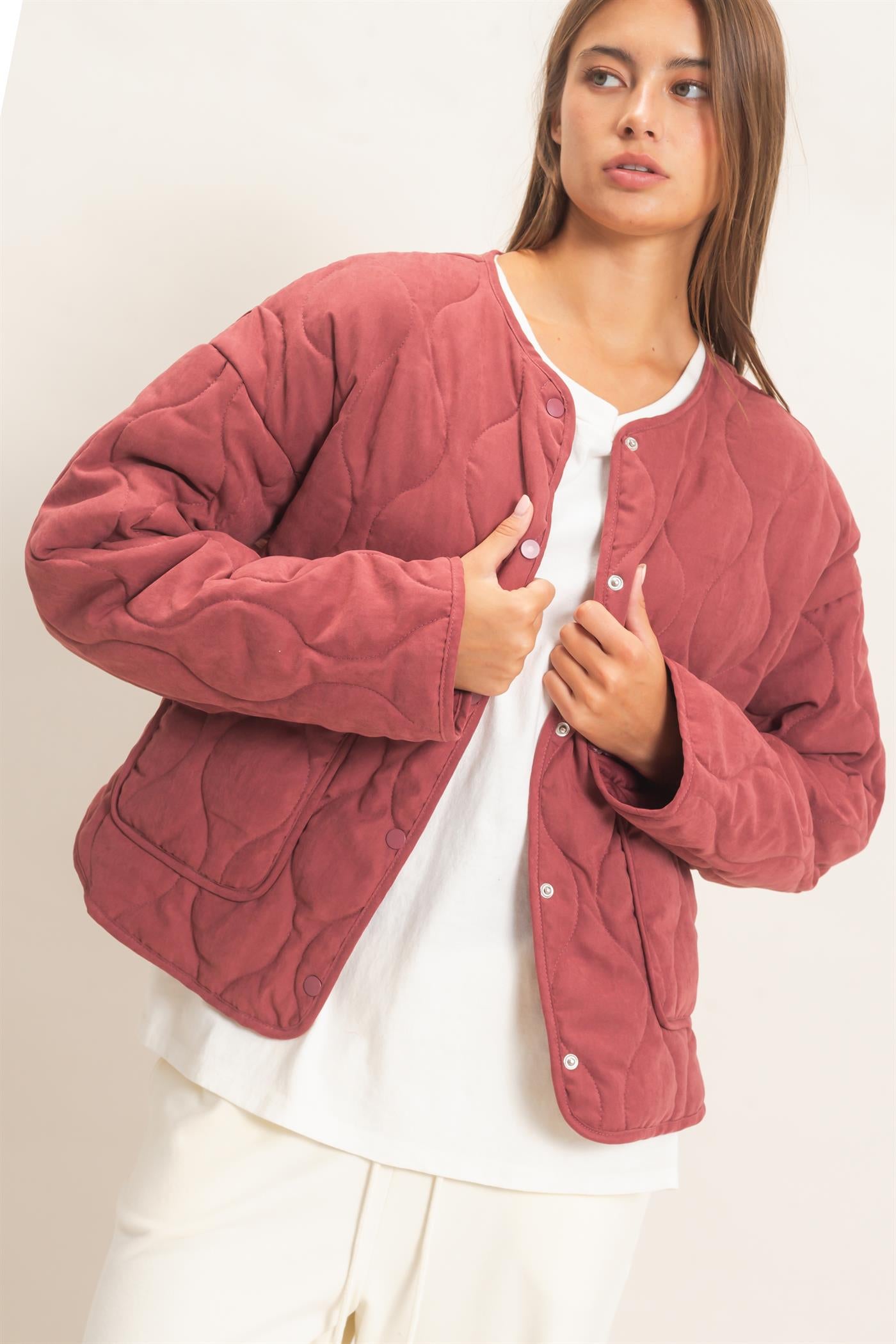 Wholesale Quilted Button Front Jacket Coats & Jackets DZ26F254 BURGUNDY DOUBLE ZERO