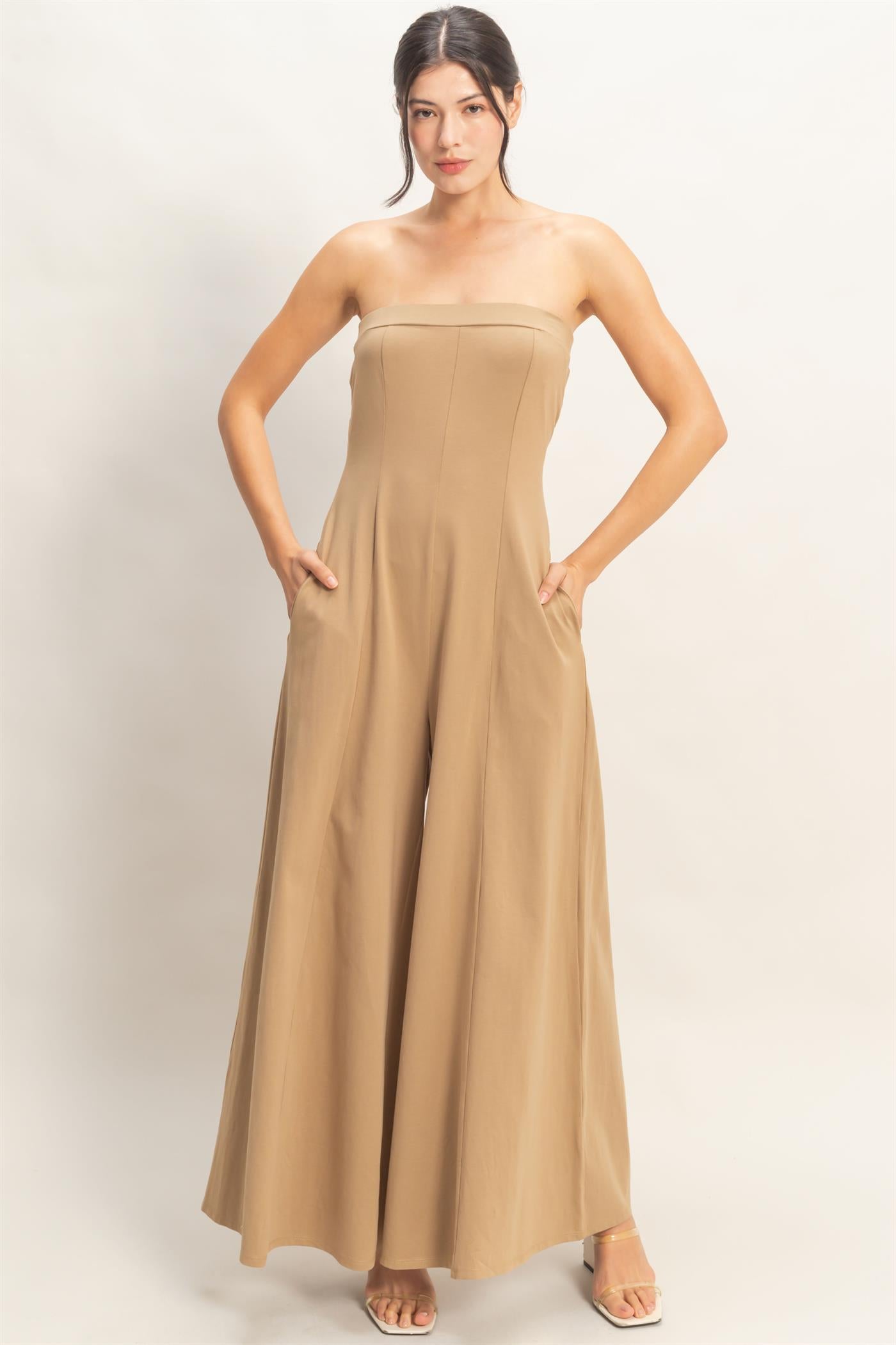 Wholesale Strapless Wide-Leg Jumpsuit Clothing HF26C314 TOBACCO BROWN HYFVE