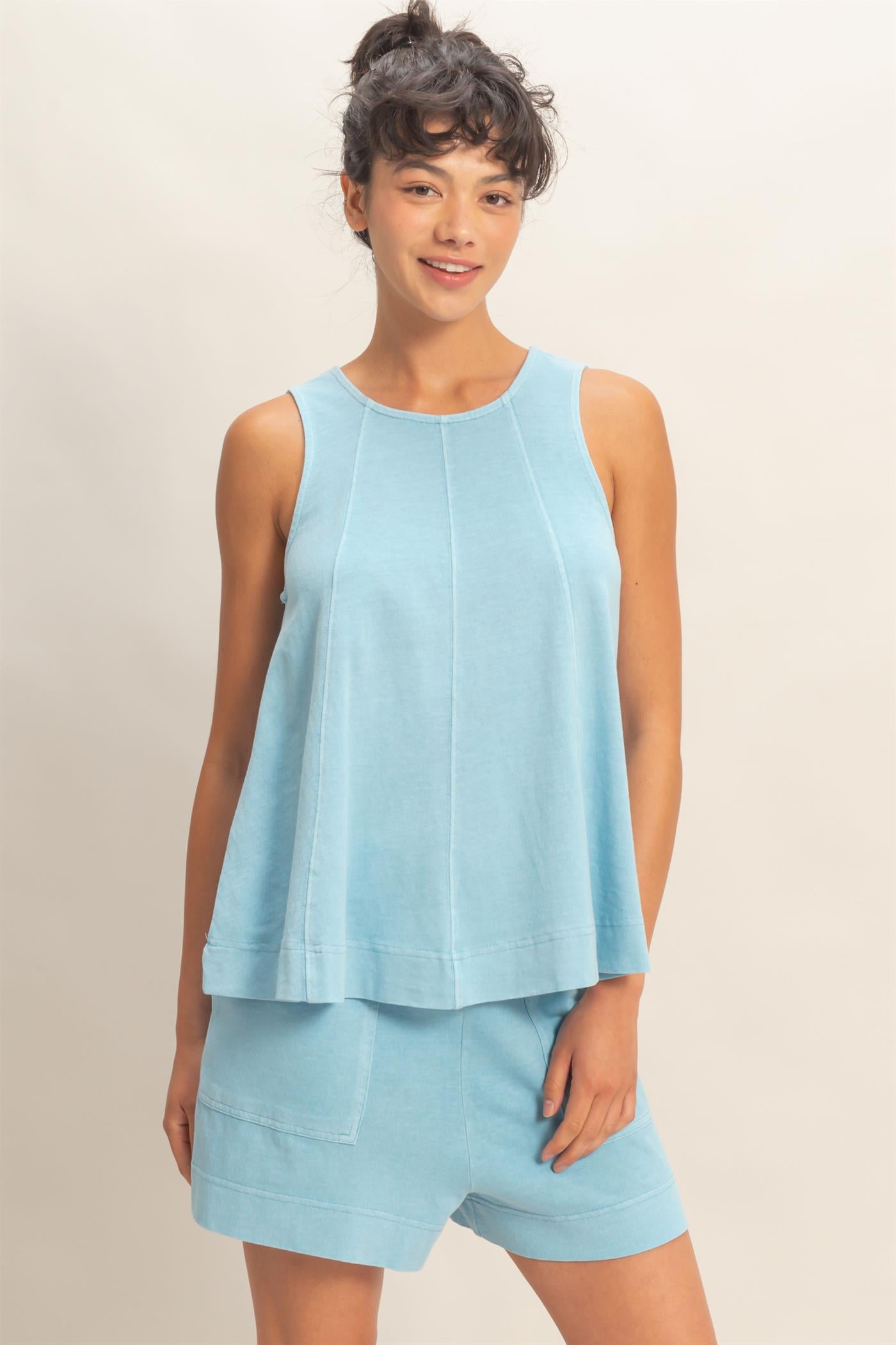 Wholesale Sleeveless Round Neck Top & Shorts Set Clothing DZ26C730-SET BLUE DOUBLE ZERO