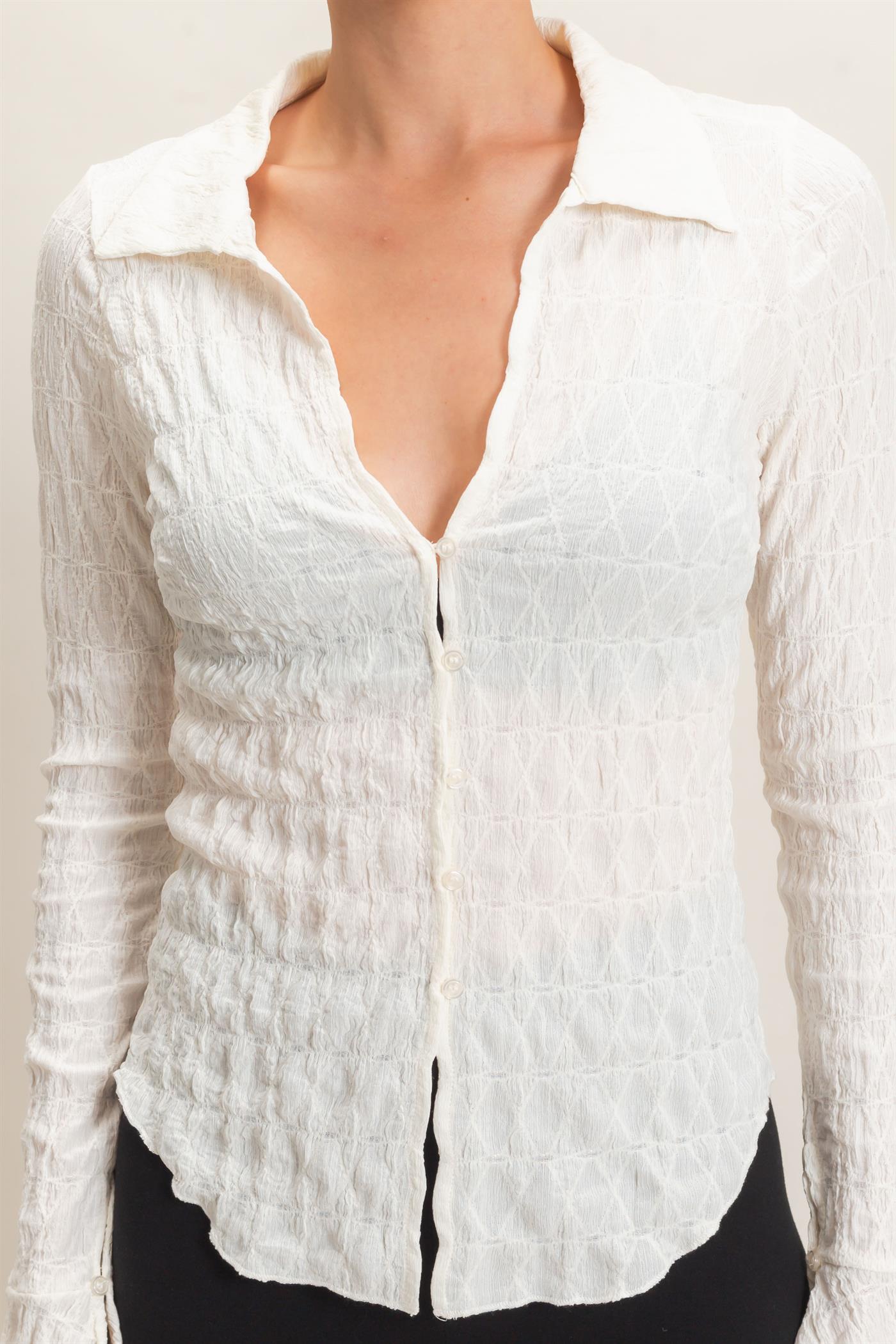 Wholesale Textured Button-Up Collared Top Shirts HF26E062 IVORY HYFVE
