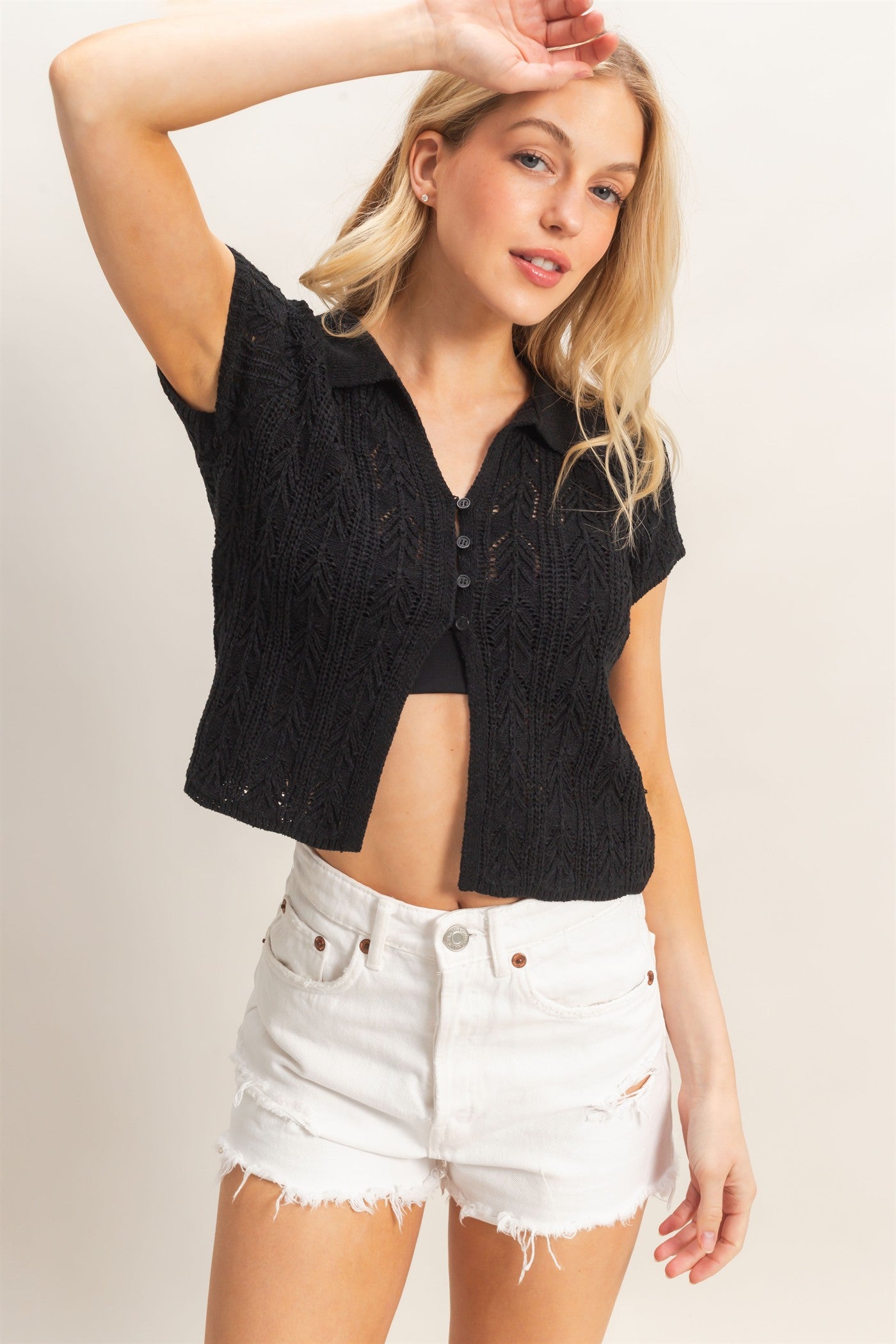 Wholesale Pointelle Knit Collared Cardigan Clothing Tops HF26A856 BLACK HYFVE