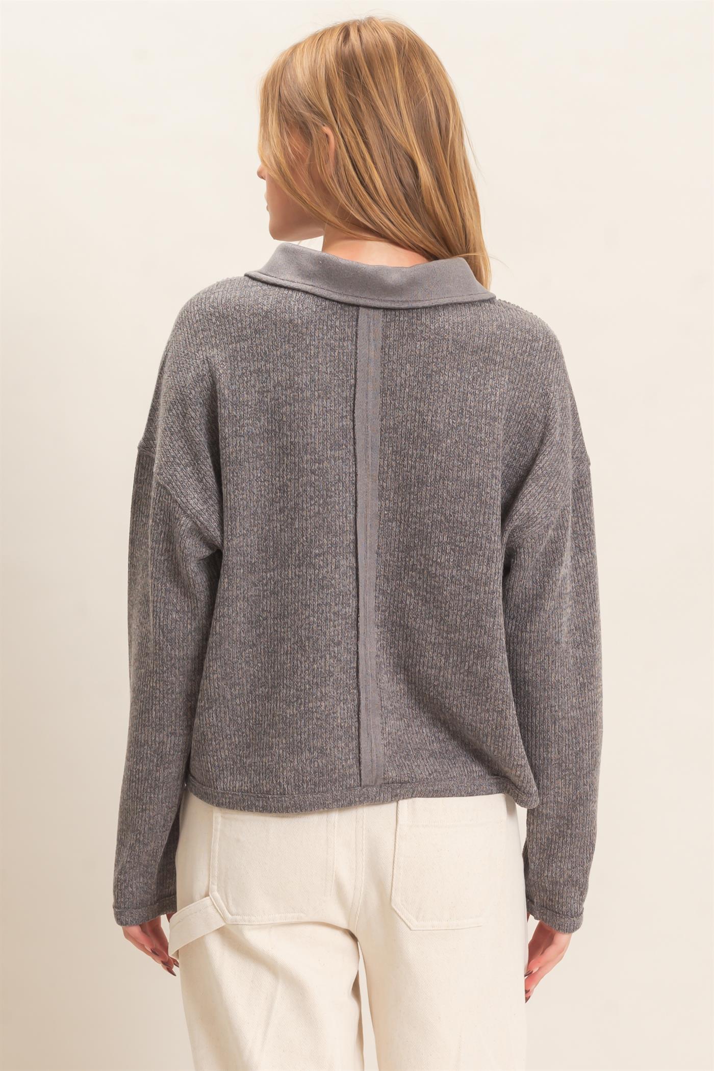 Wholesale Ribbed Collared Pullover Top Clothing Tops HF26E472 GRAY HYFVE