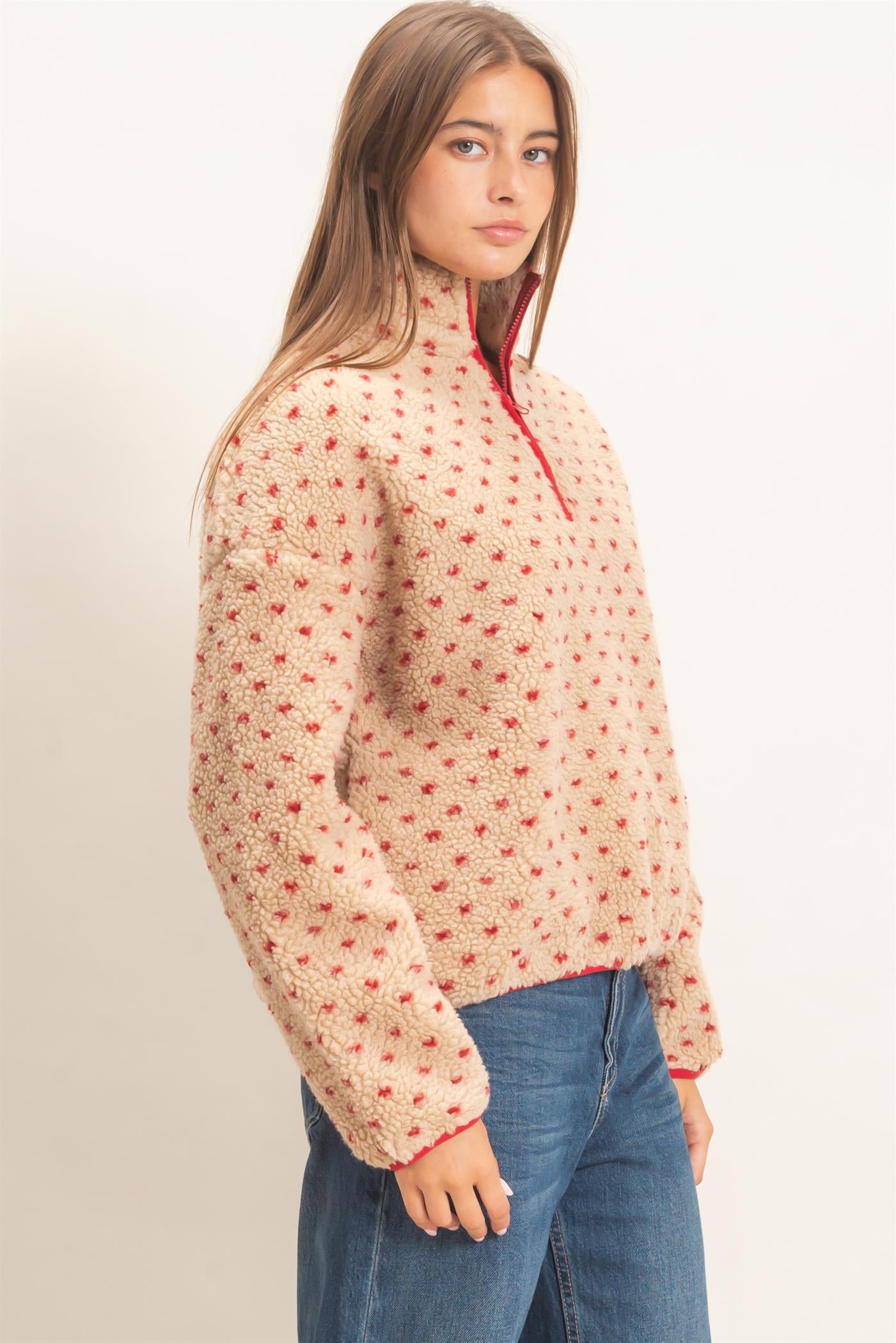 Wholesale Polka Dot Sherpa Half-Zip Pullover Coats & Jackets DZ26F161 RED DOUBLE ZERO