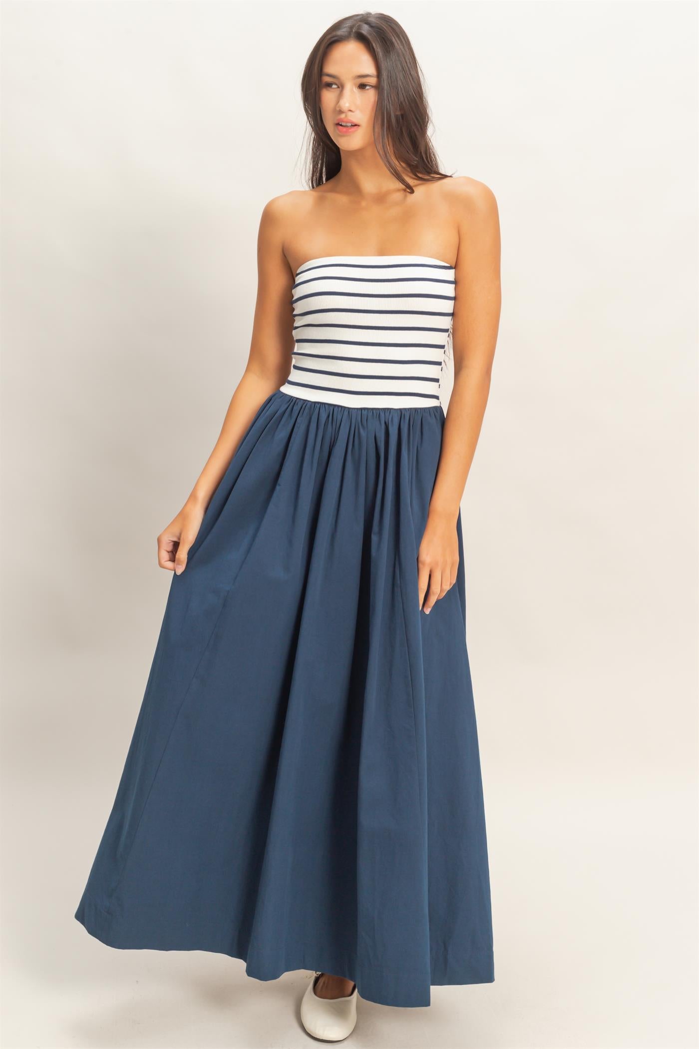 Wholesale Striped Strapless Flowy Midi Dress Dresses DZ26C169 NAVY DOUBLE ZERO