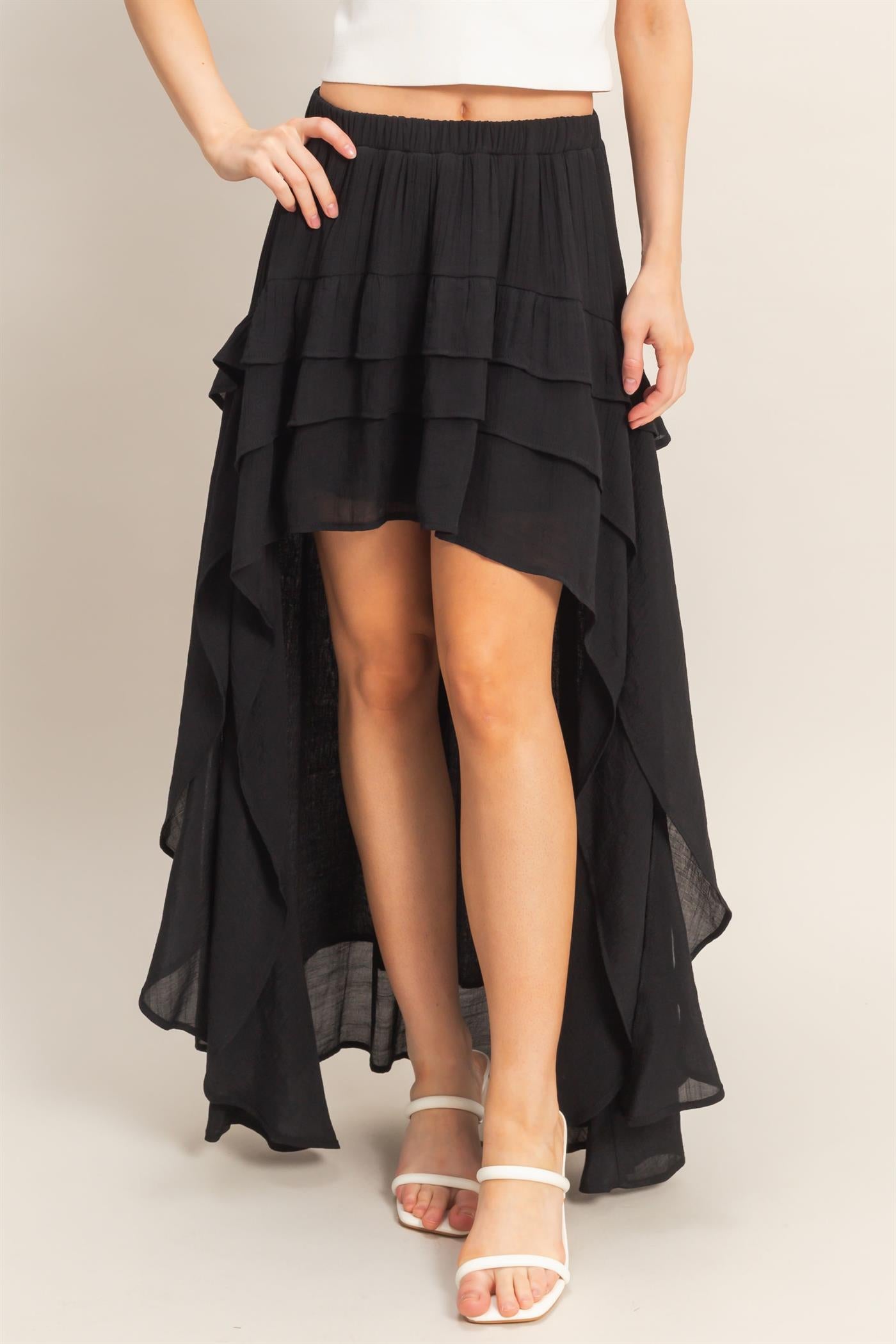 Wholesale Tiered Ruffle High-Low Skirt Skirts HF26C194 BLACK HYFVE