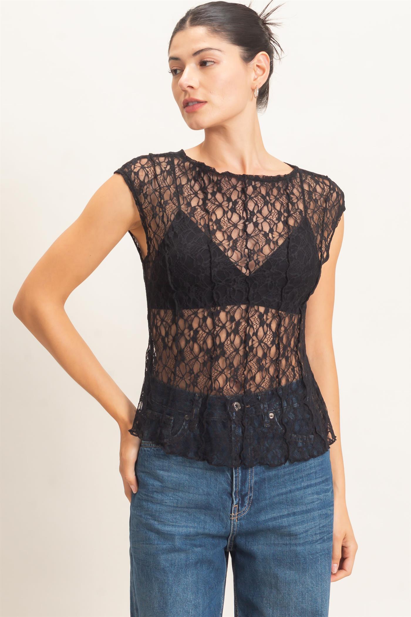 Wholesale Lace Cap Sleeve Top Clothing Tops HF26E672 BLACK HYFVE