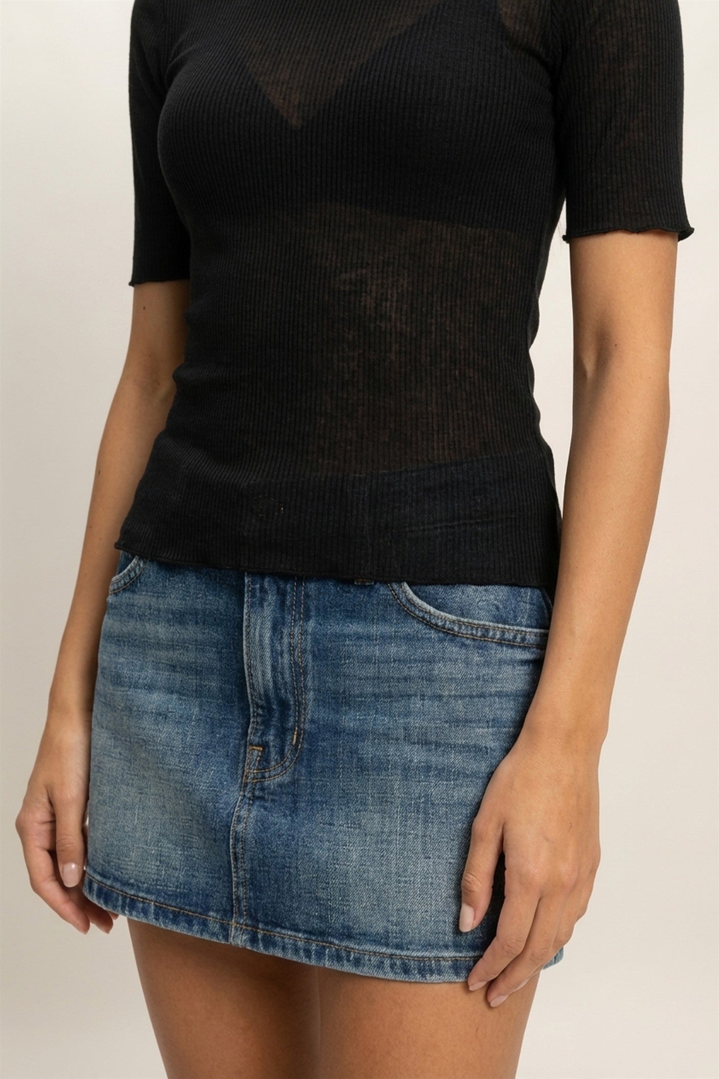 Wholesale Ribbed Short Sleeve Top Clothing Tops DZ24C197 BLACK DOUBLE ZERO