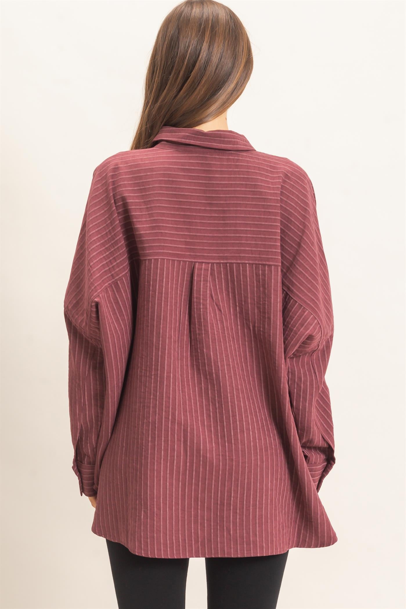 Wholesale Striped Button-Up Shirt Shirts HF26F134 WINE HYFVE