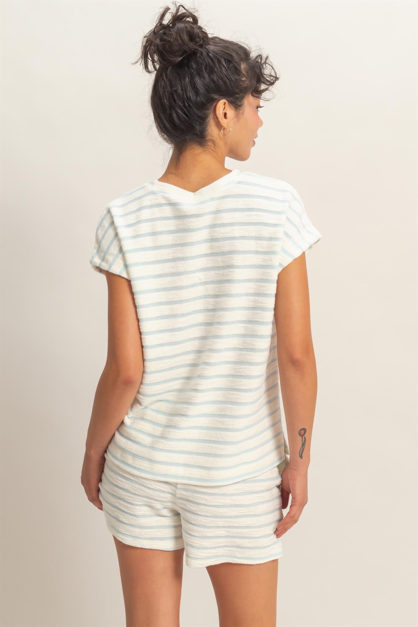 Wholesale Striped Round Neck Short Sleeve Top Clothing Tops DZ26A754 BABY BLUE DOUBLE ZERO