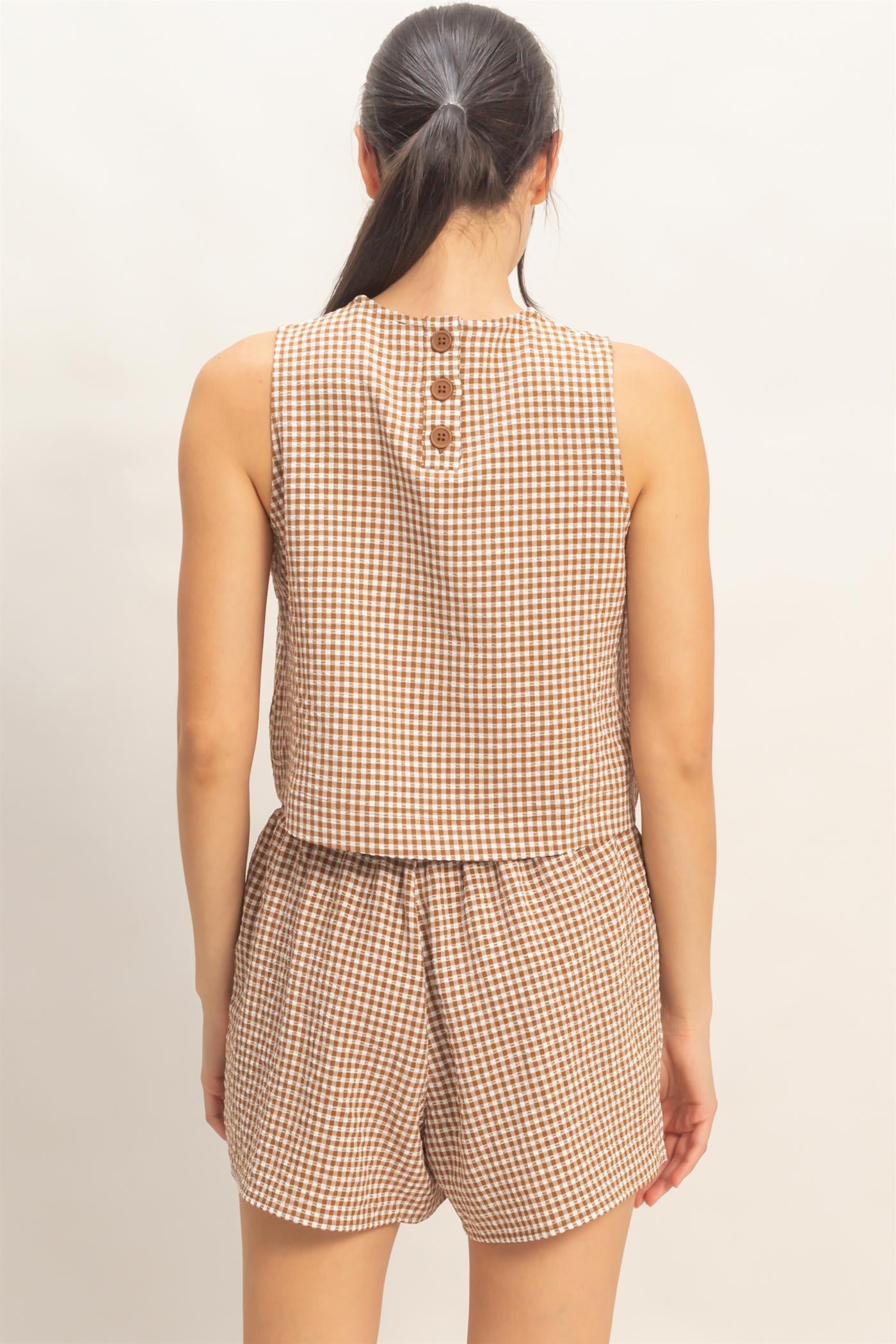 Wholesale Gingham Checkered Sleeveless Top And Skort Set Clothing DZ26C688-SET BROWN DOUBLE ZERO