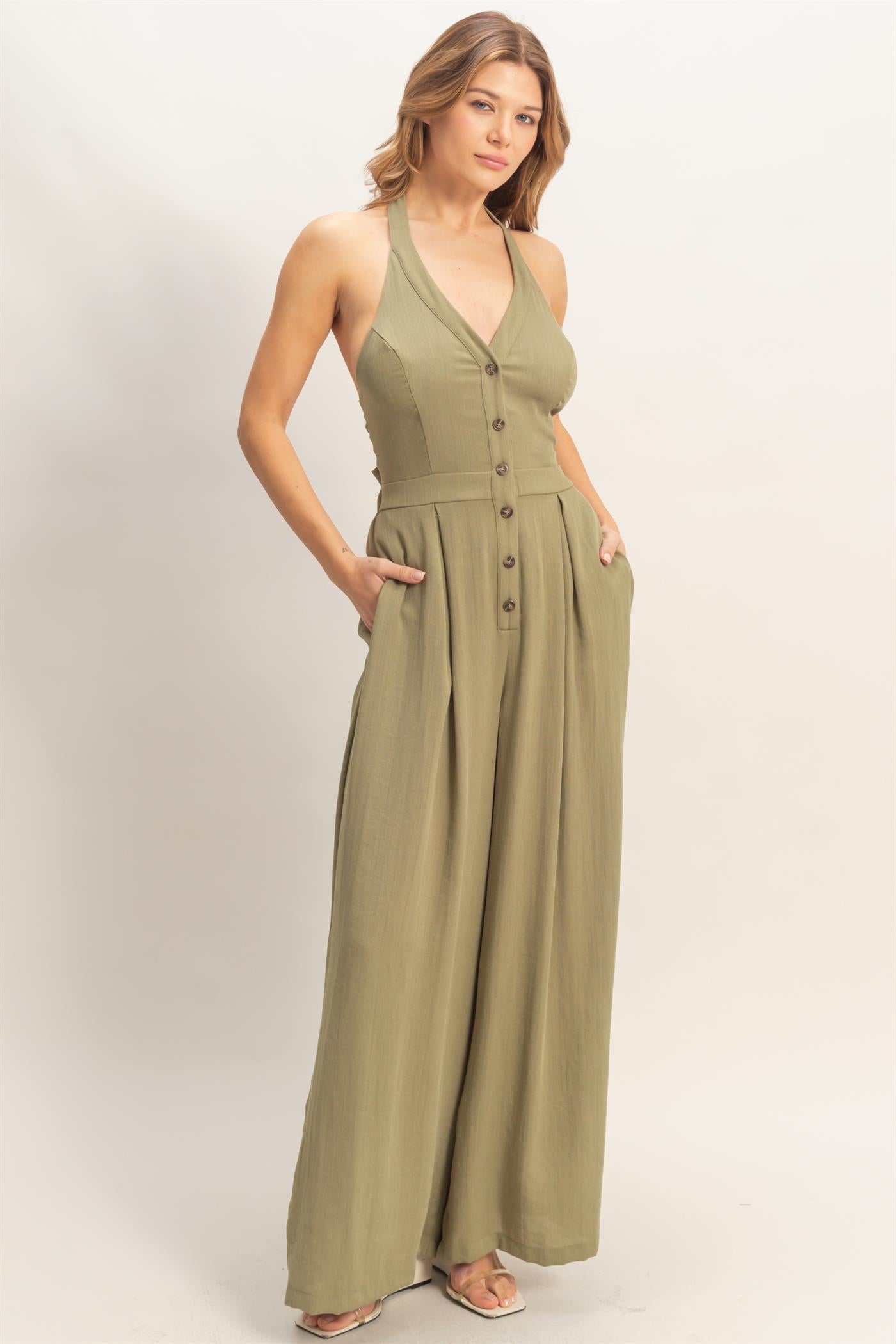 Wholesale Halter Button-Front Jumpsuit Clothing HF26A615-D OLIVE HYFVE