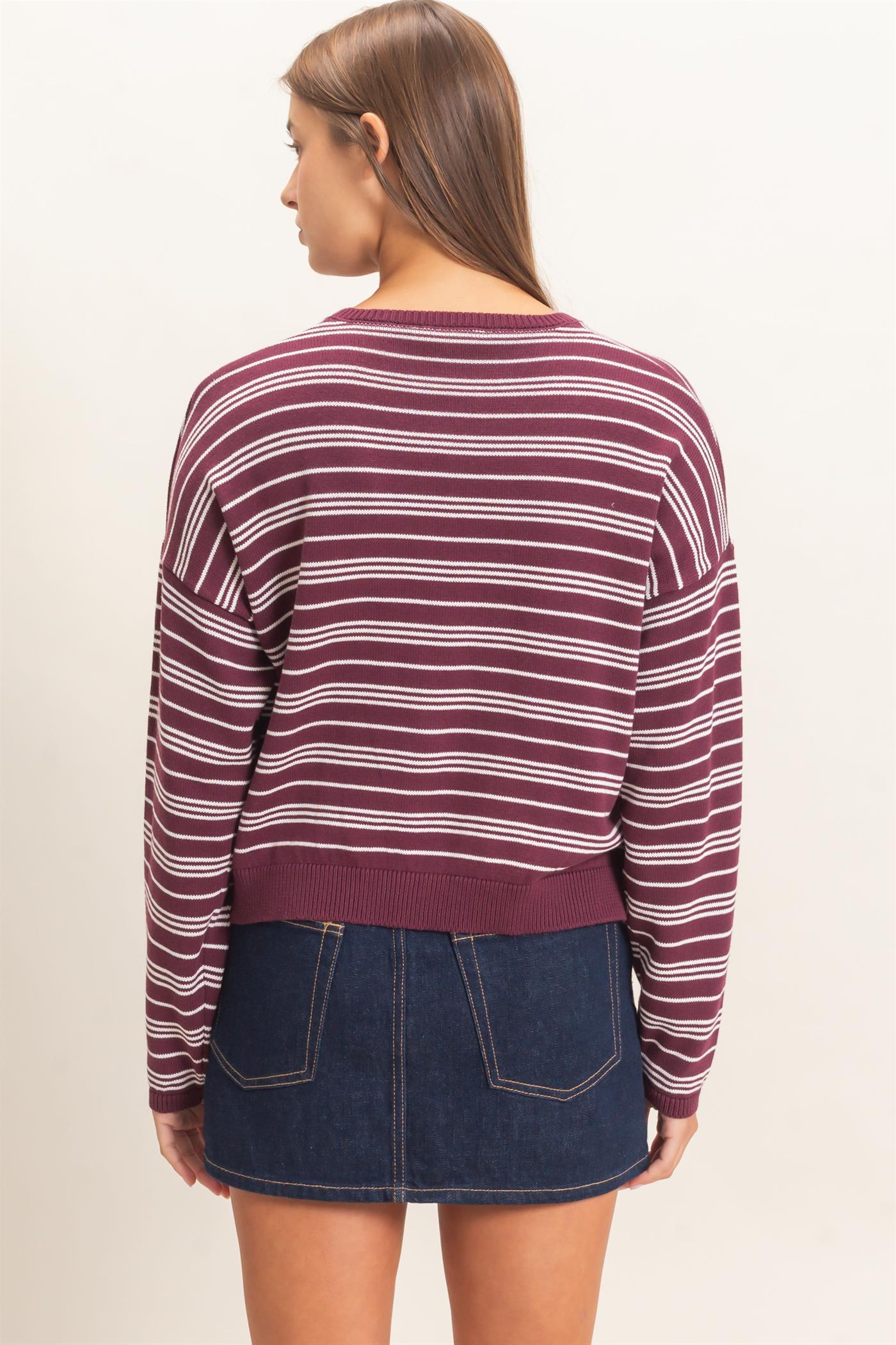 Wholesale Striped Henley Sweater Sweaters DZ26E113 DARK CHERRY DOUBLE ZERO
