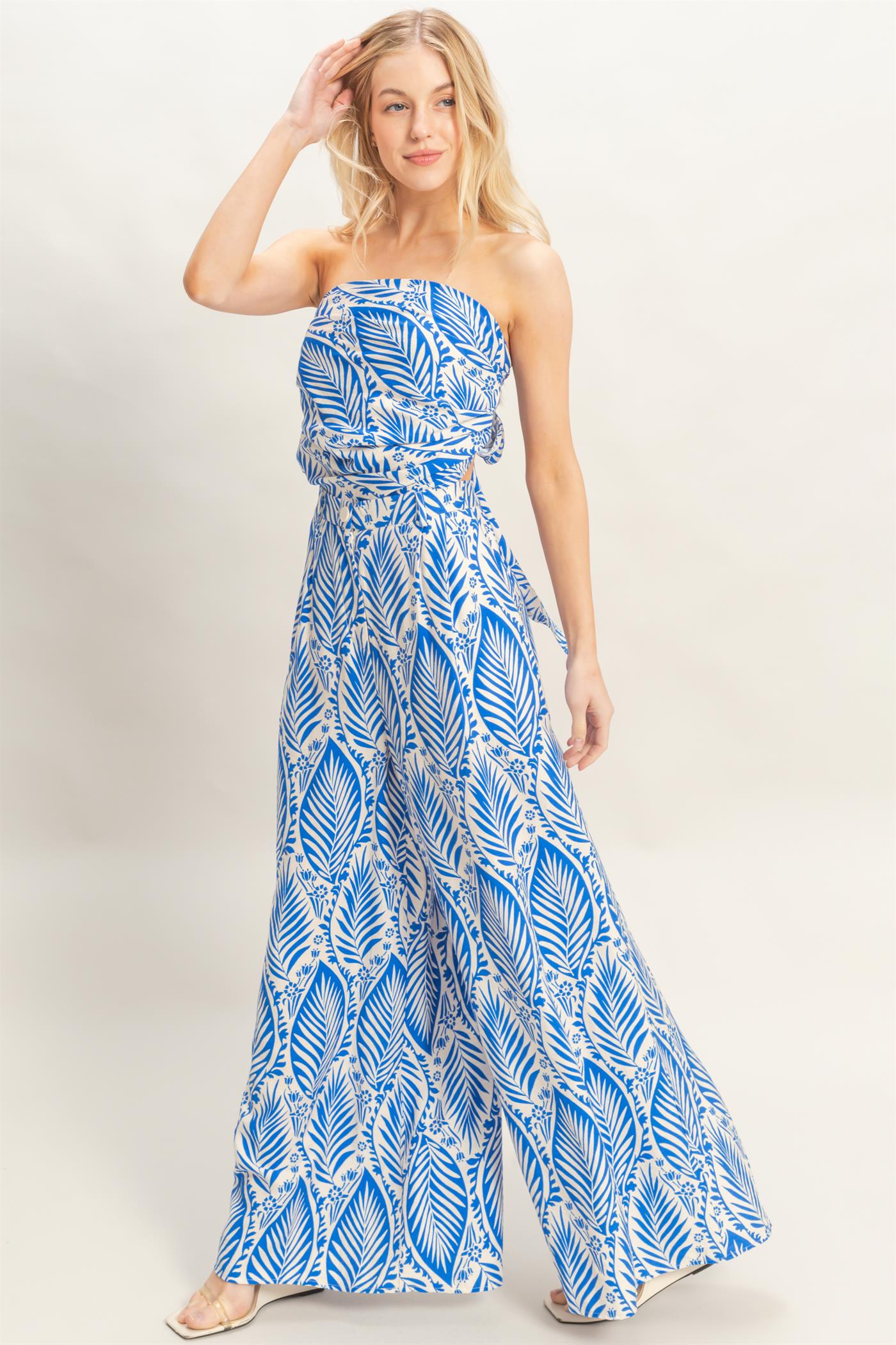 Wholesale Strapless Top & Pant Print Set Clothing HF25E577-SET-D BLUE HYFVE