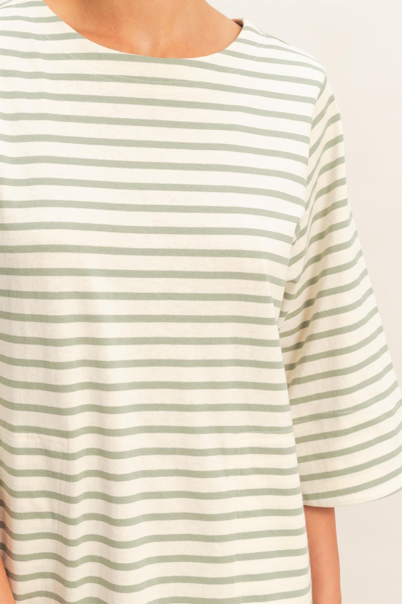 Wholesale Striped Round Neck Half-Sleeve Mini Dress Dresses DZ26A460 SAGE GREEN DOUBLE ZERO