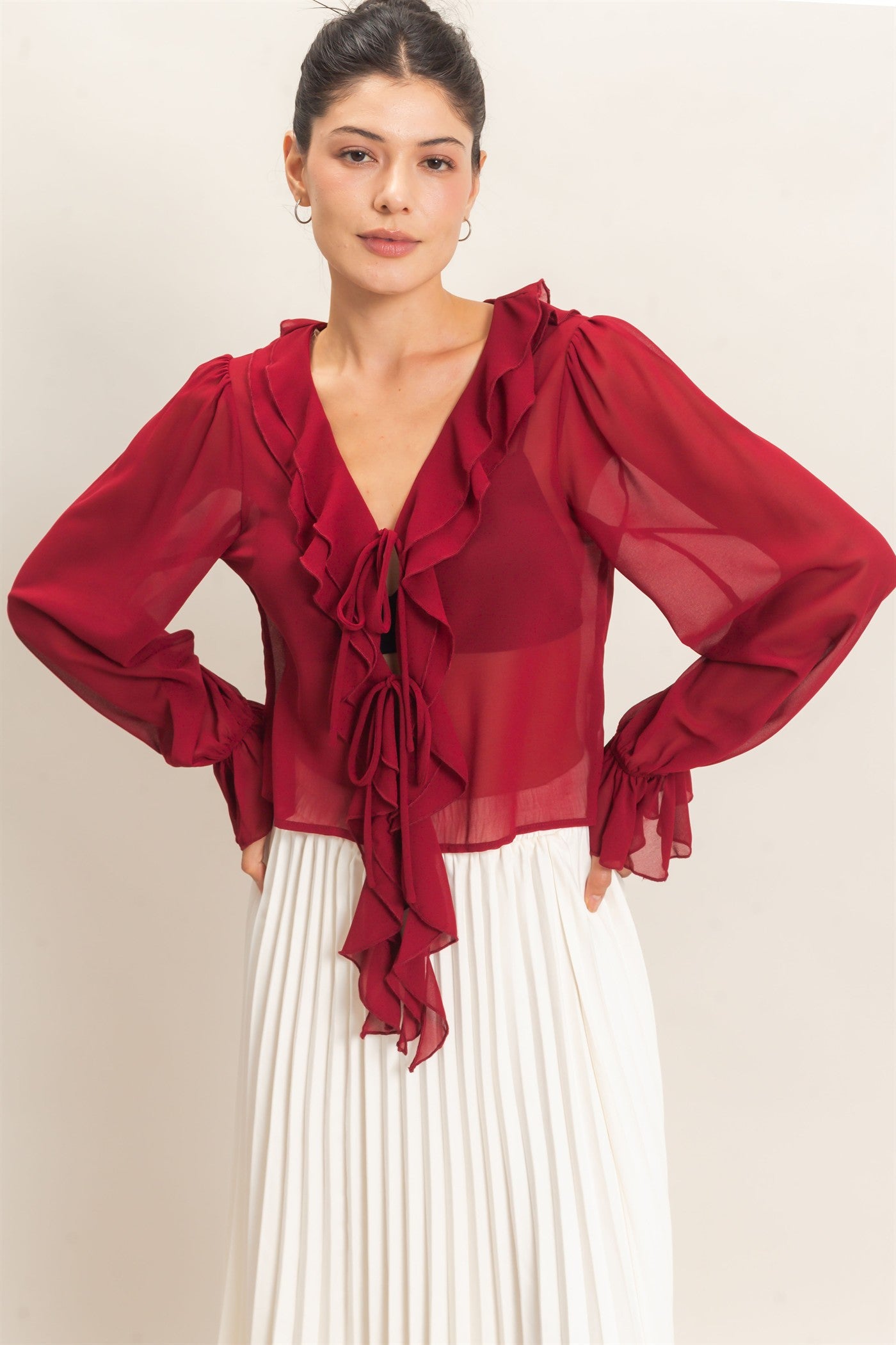 Wholesale Ruffled V-Neck Blouse Blouses HF26F066 BURGUNDY HYFVE