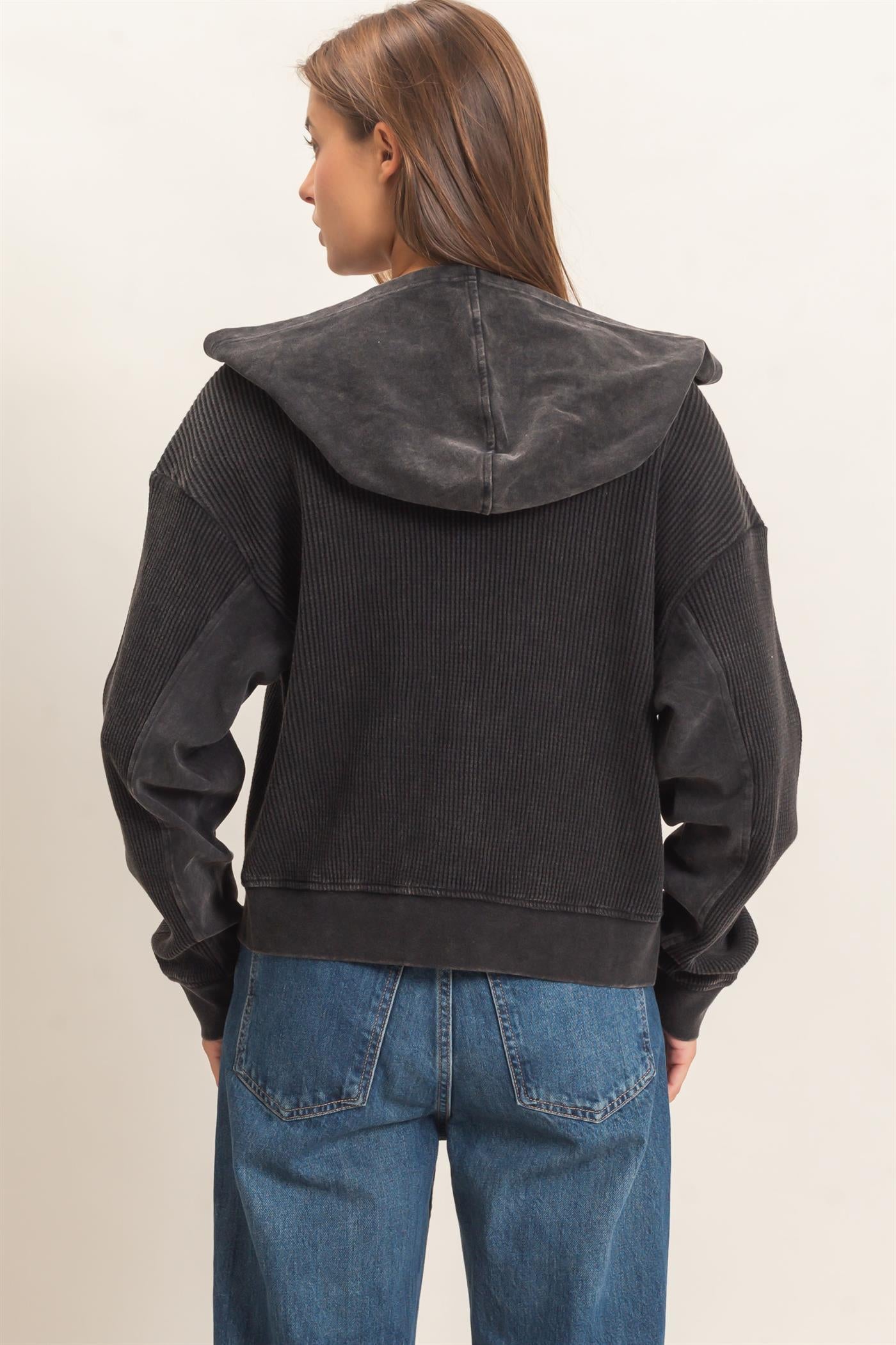 Wholesale Acid Wash Waffle Knit Zip-Up Hoodie Hoodies DZ26E401 BLACK DOUBLE ZERO
