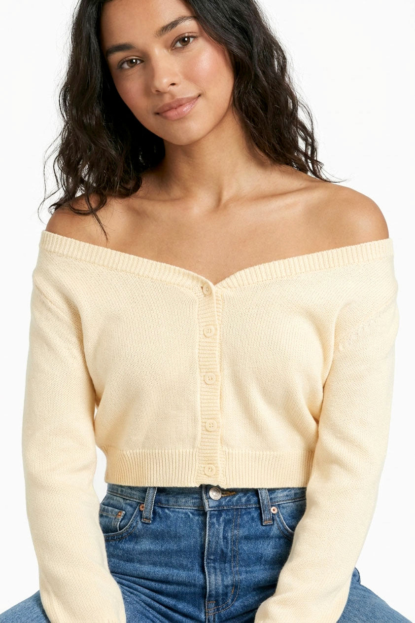Wholesale Off The Shoulder Long Sleeve Crop Sweater Top Sweaters DZ25E404 CREAM DOUBLE ZERO