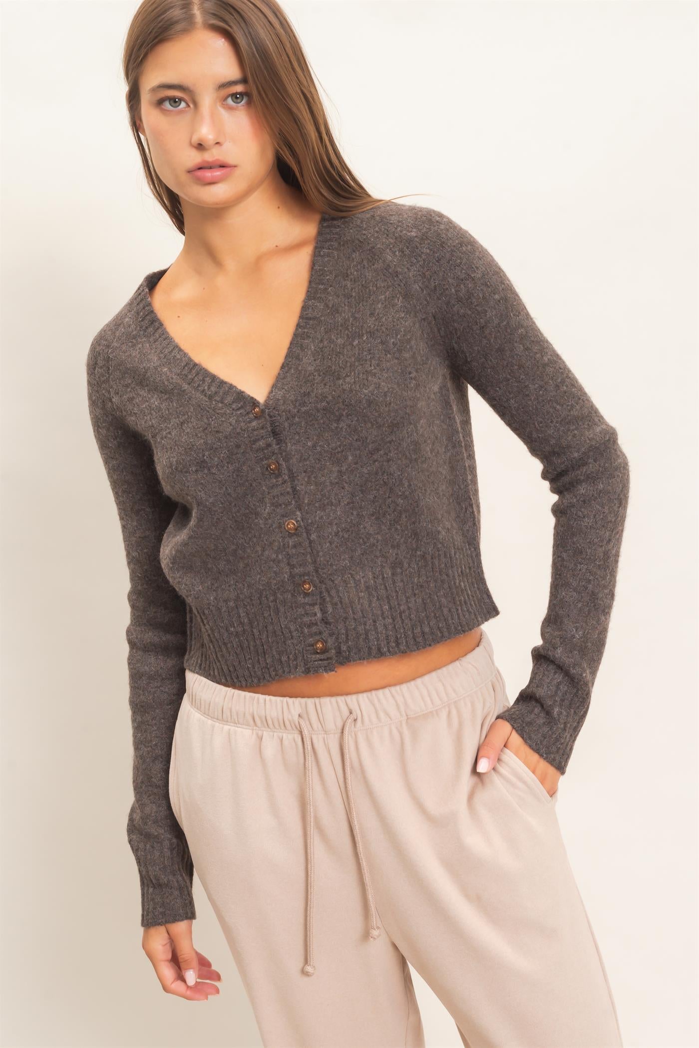 Wholesale V-Neck Cardigan Cardigans DZ26E326 DARK BROWN DOUBLE ZERO