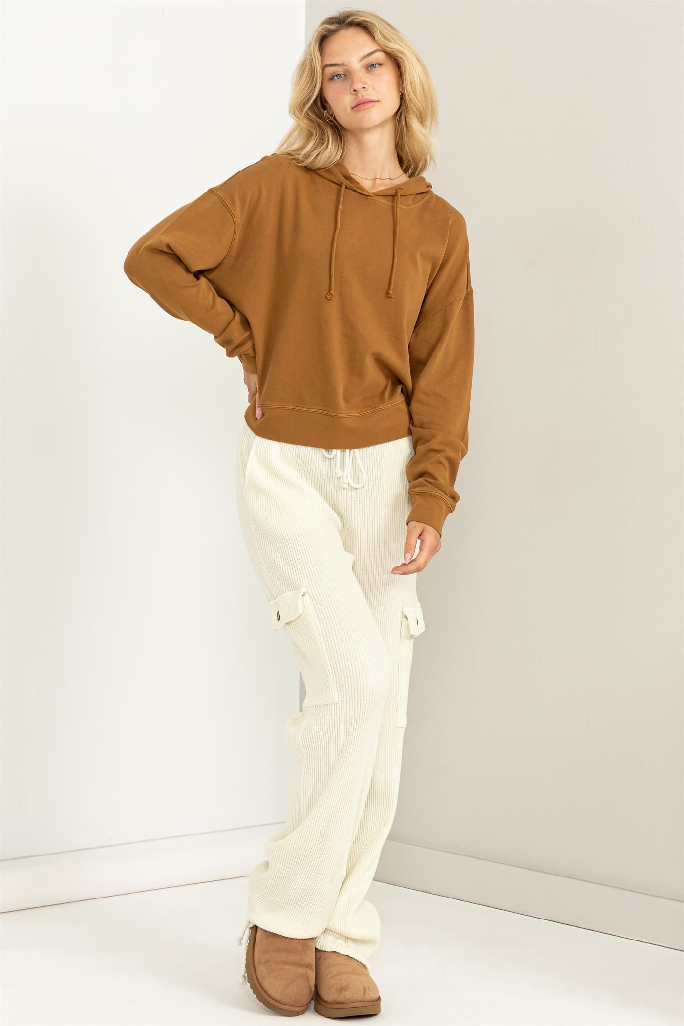 Wholesale Long Sleeve Drawstring Hoodie Clothing Tops DZ23E999 PALE BROWN DOUBLE ZERO