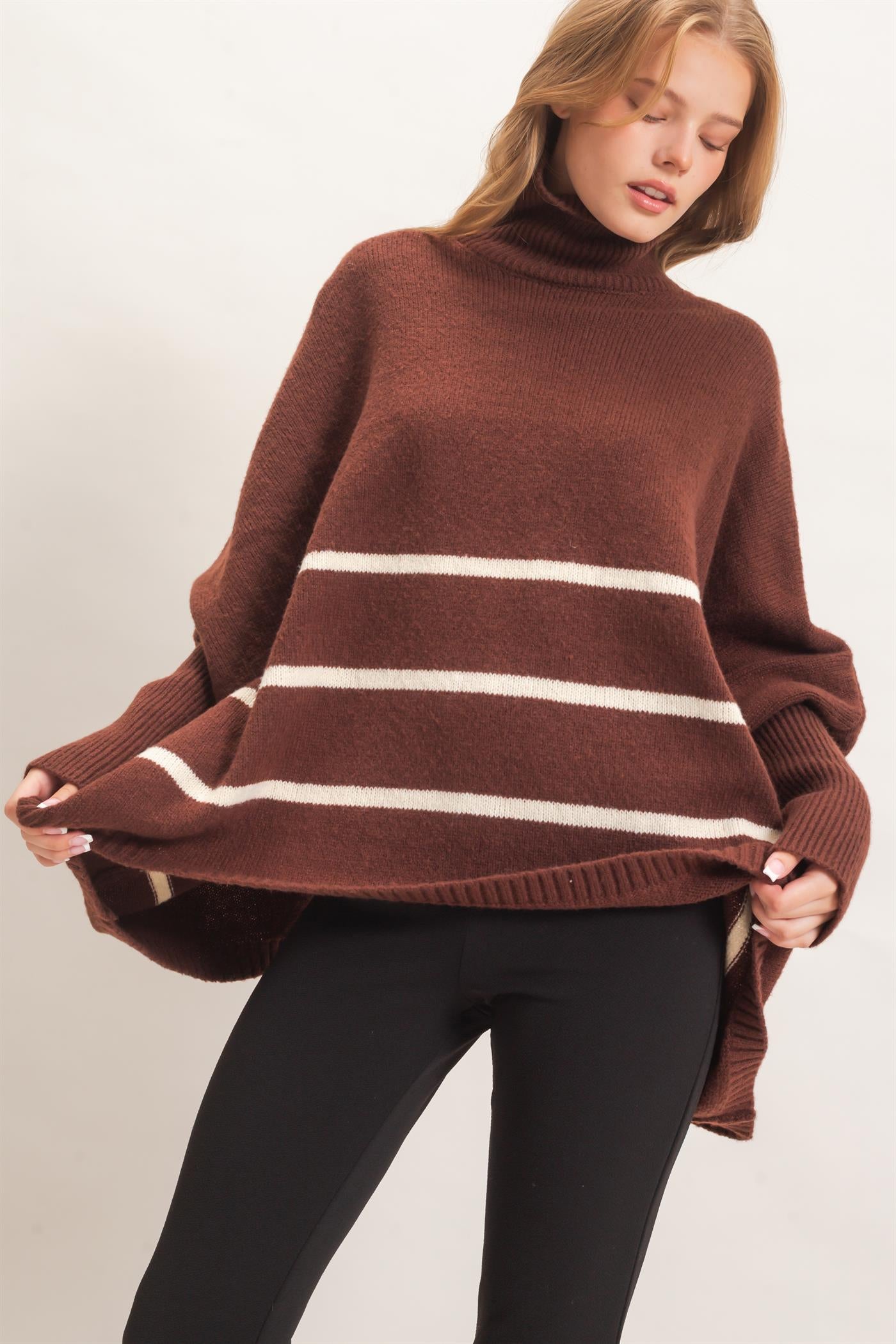 Wholesale Striped Turtleneck Poncho Sweater Sweaters HF26F194 BROWN HYFVE