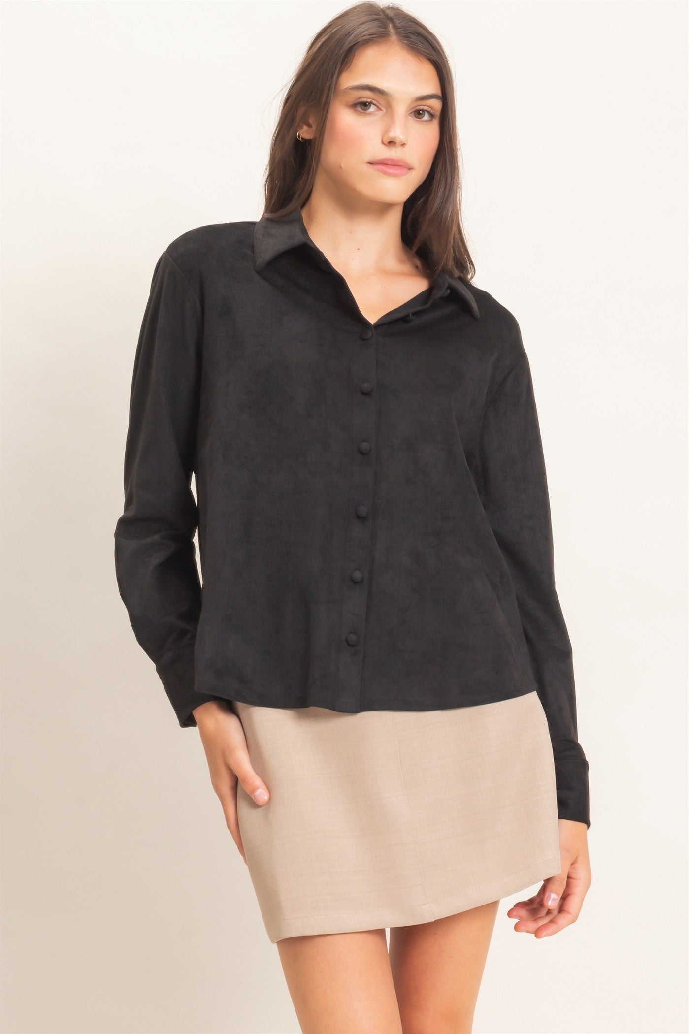 Wholesale Suede Button-Up Shirt Shirts HF26F083 BLACK HYFVE